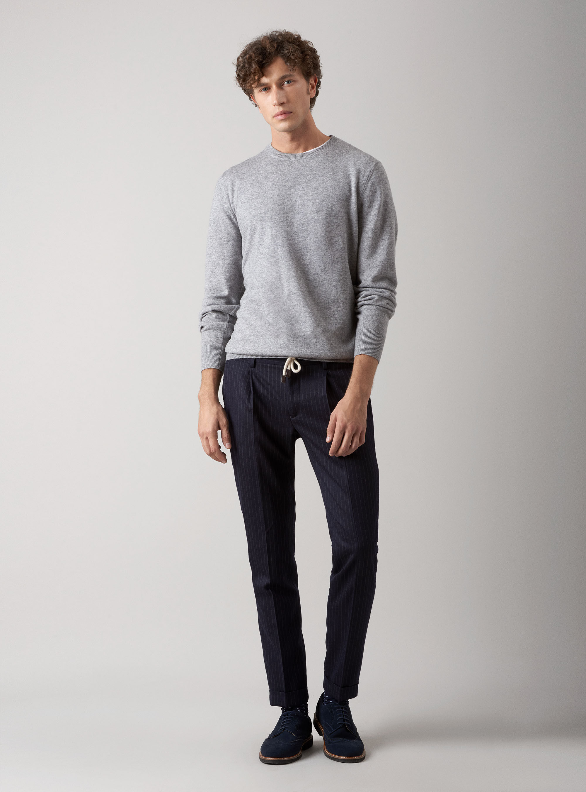 Maglia girocollo in lana lambswool e cashmere, GRIGIO CHIARO MELANGE