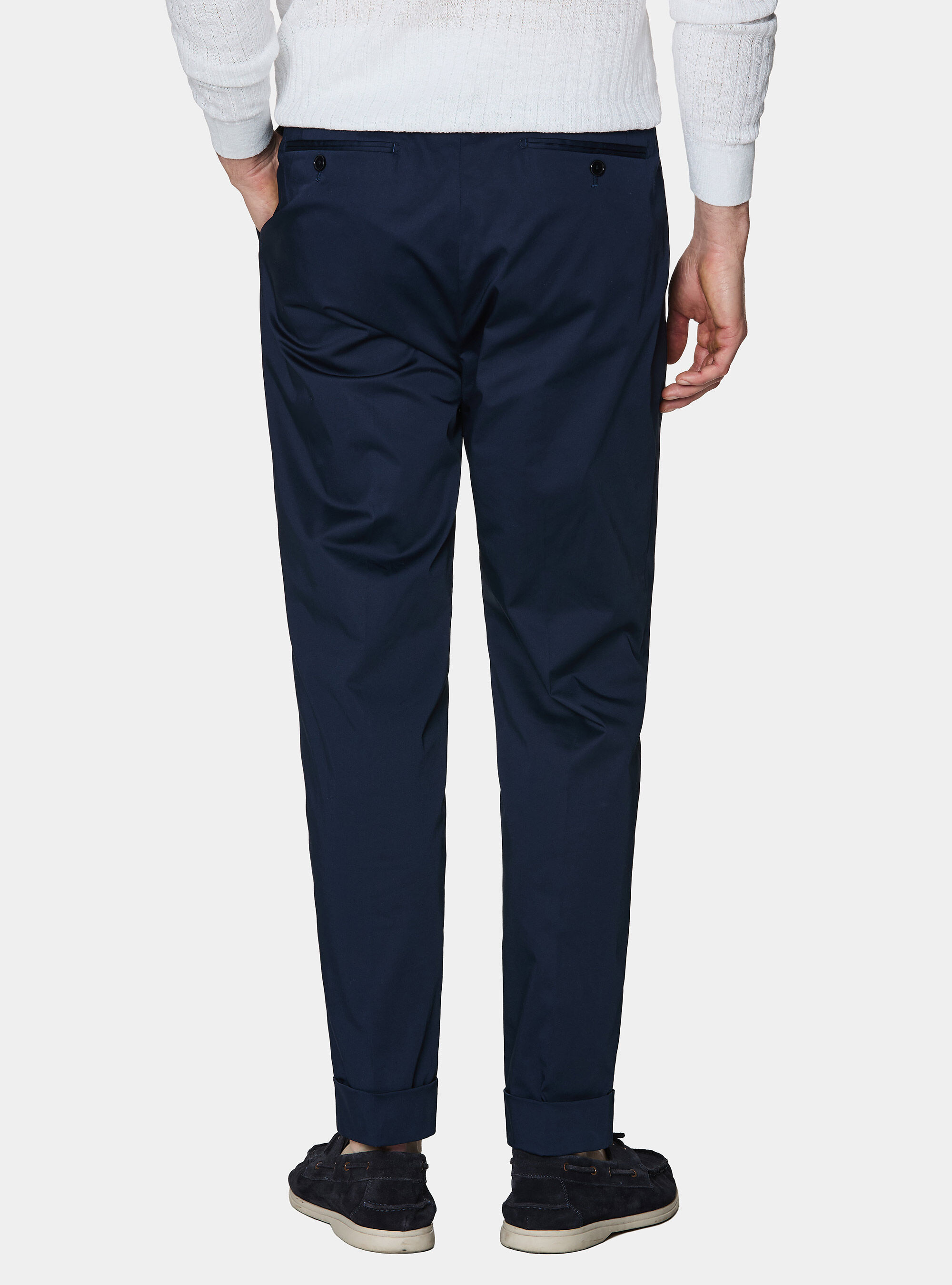 Pantalon &agrave; pinces en popeline de coton stretch, BLEU MARINE