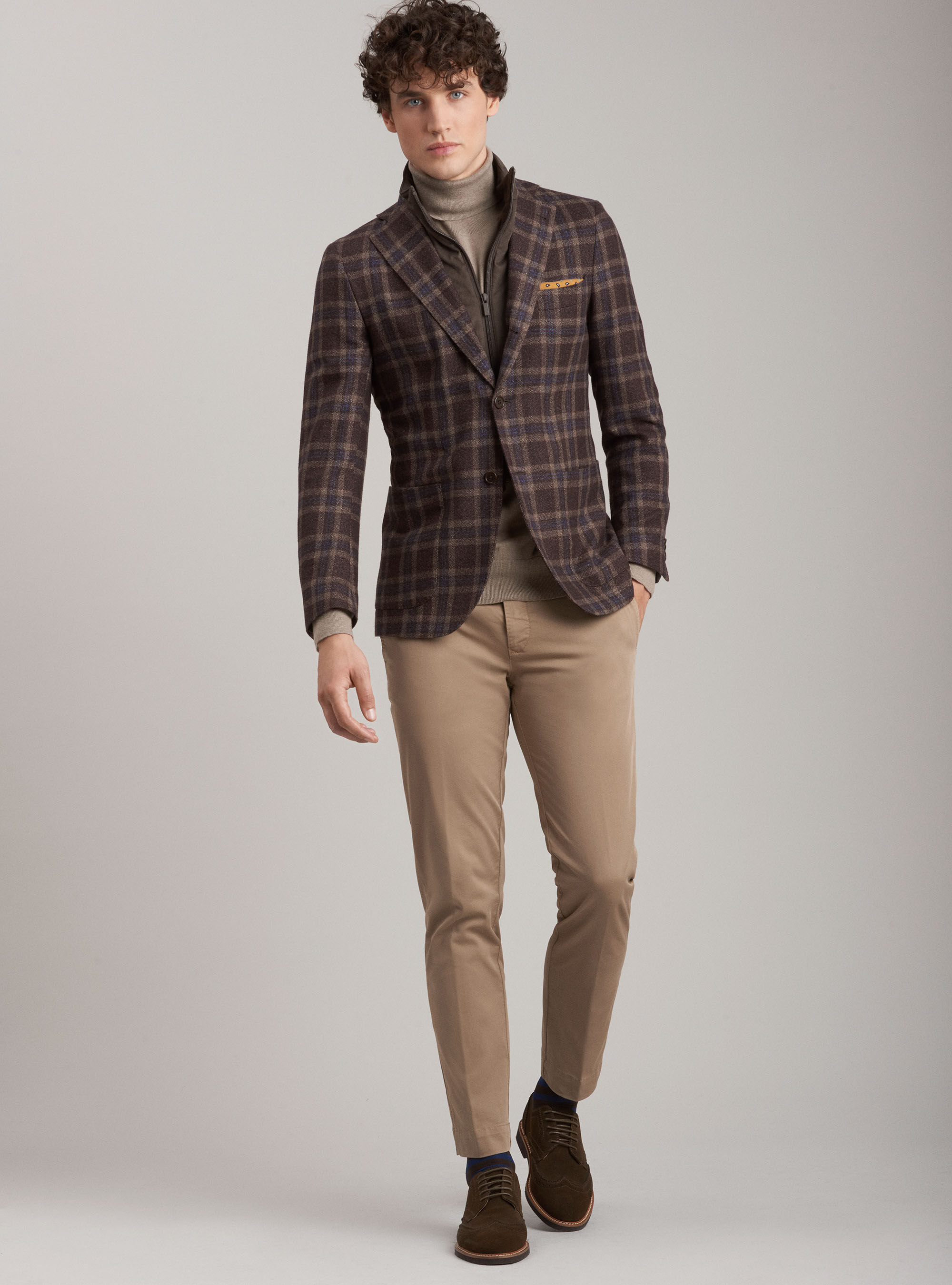 Giacca a quadri in lana seta e cashmere con pettorina, MARRONE