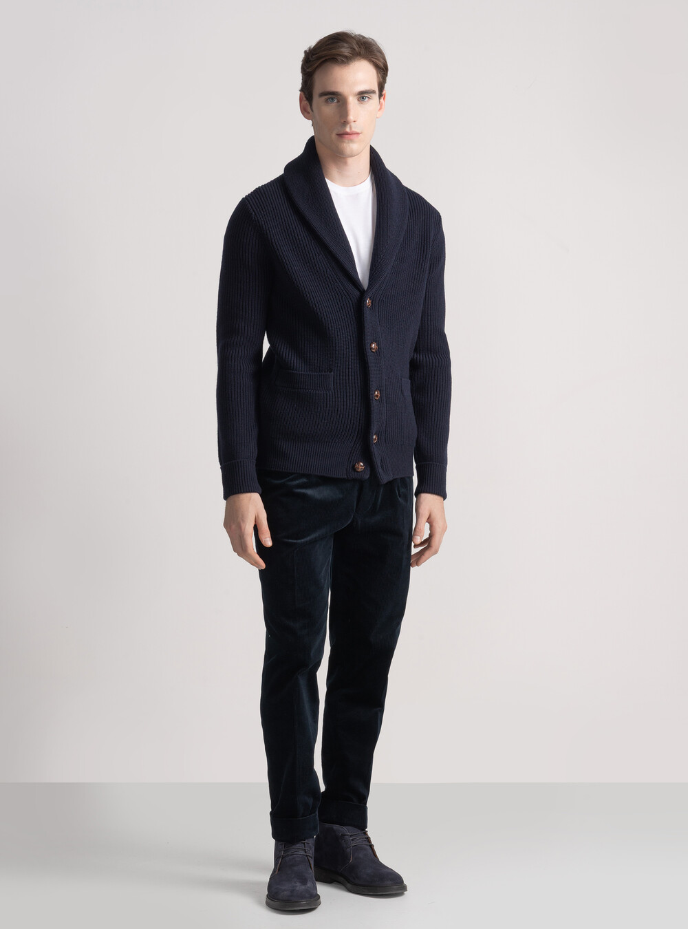 Cardigan in maglia sciallata in lana merino, BLU NAVY Cardigan in maglia sciallata in lana merino