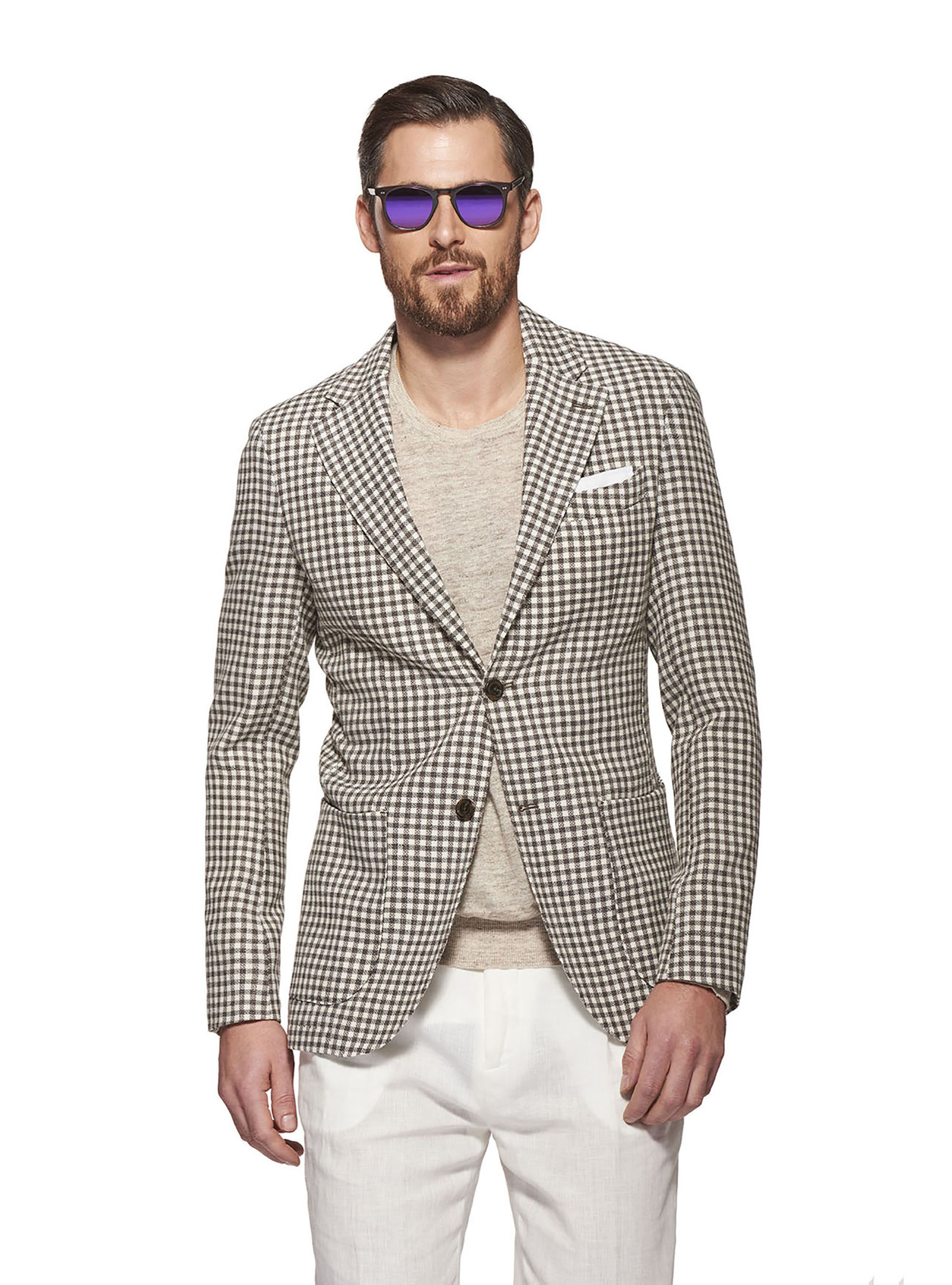 Giacca a quadretti in lana lino e cotone, MARRONE