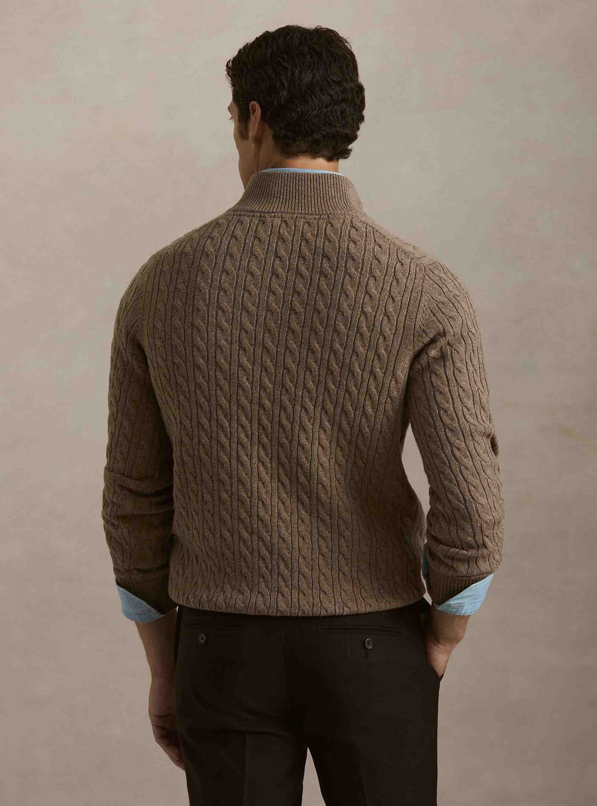 Maglia lupetto a trecce in lana e cashmere, FANGO
