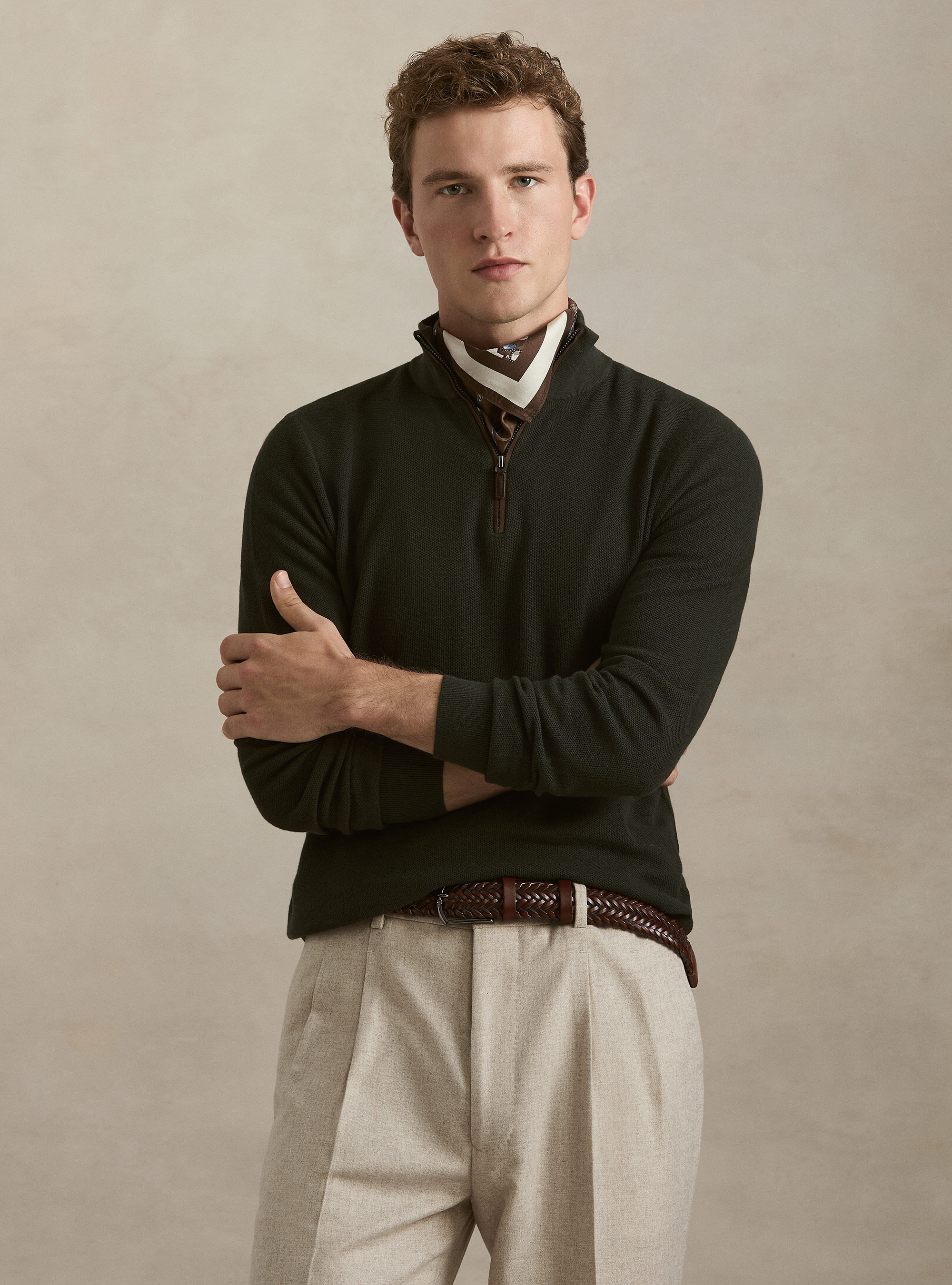 Maglia con mezza zip nido d'ape in cotone cashmere