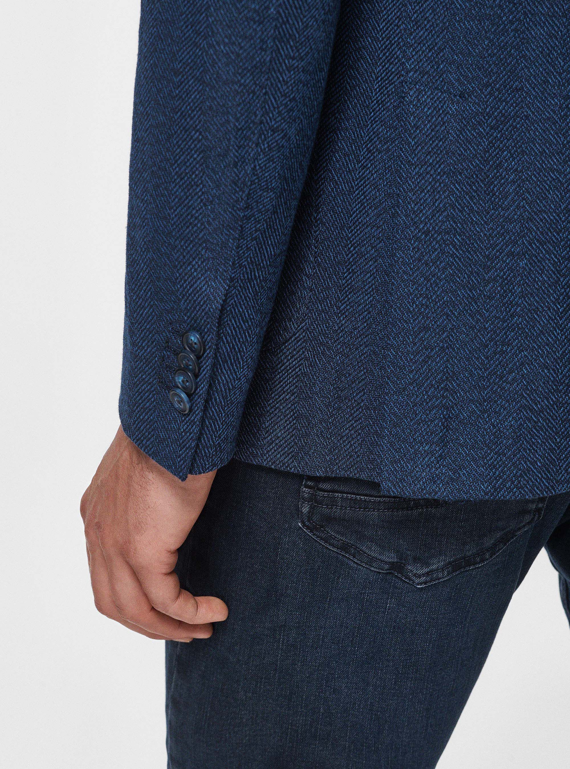 Giacca in cotone e lino spigato, BLU SCURO