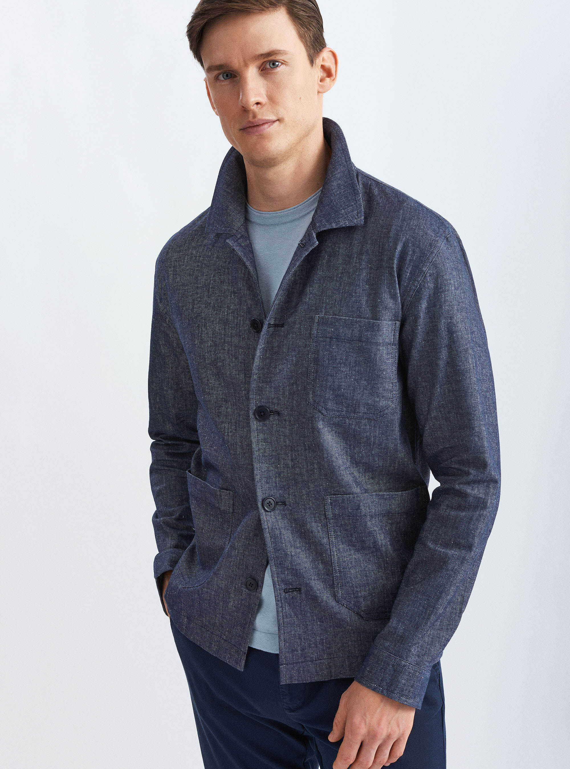 Giacca camicia in cotone e lino effetto denim
