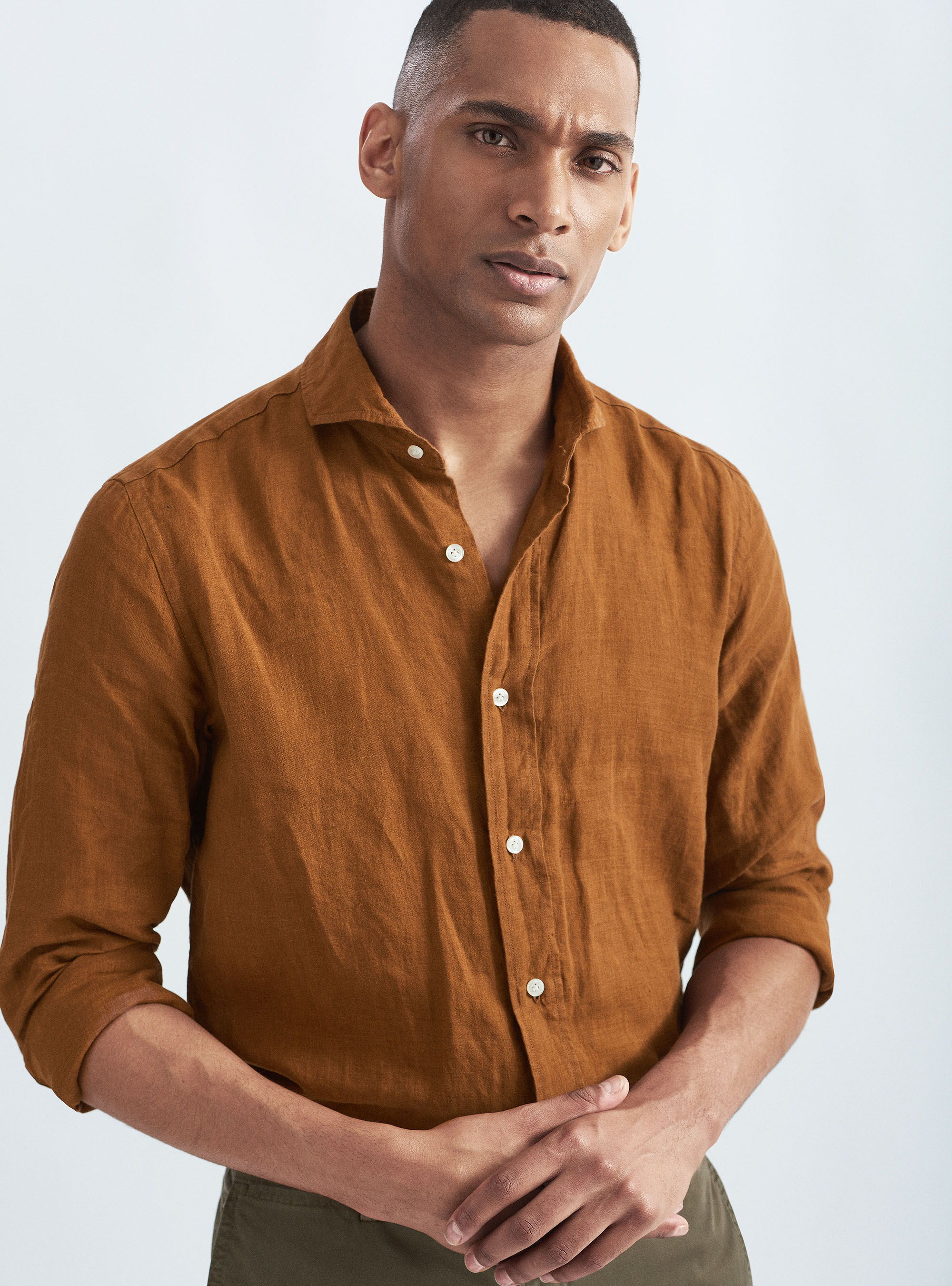 Camicia collo francese in lino, TABACCO