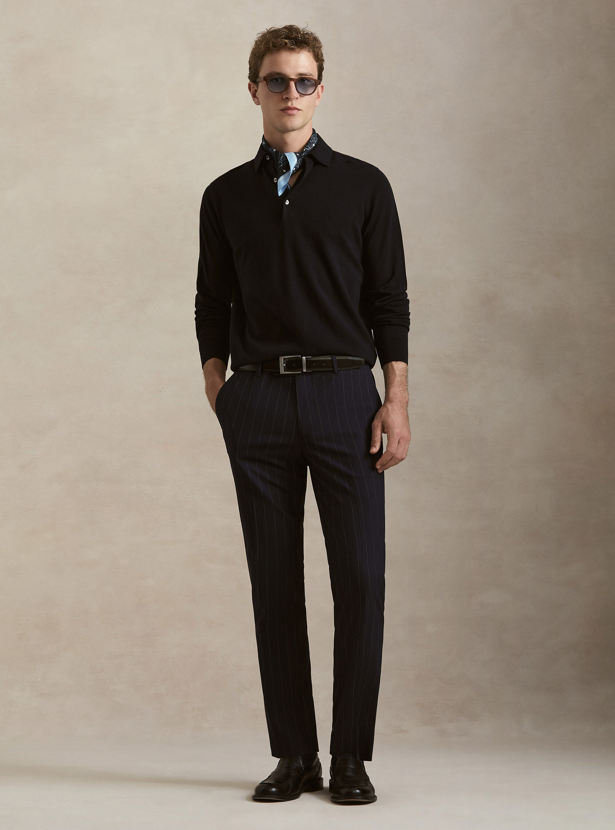 Cotton and cashmere blend knitted polo, NAVY BLUE
