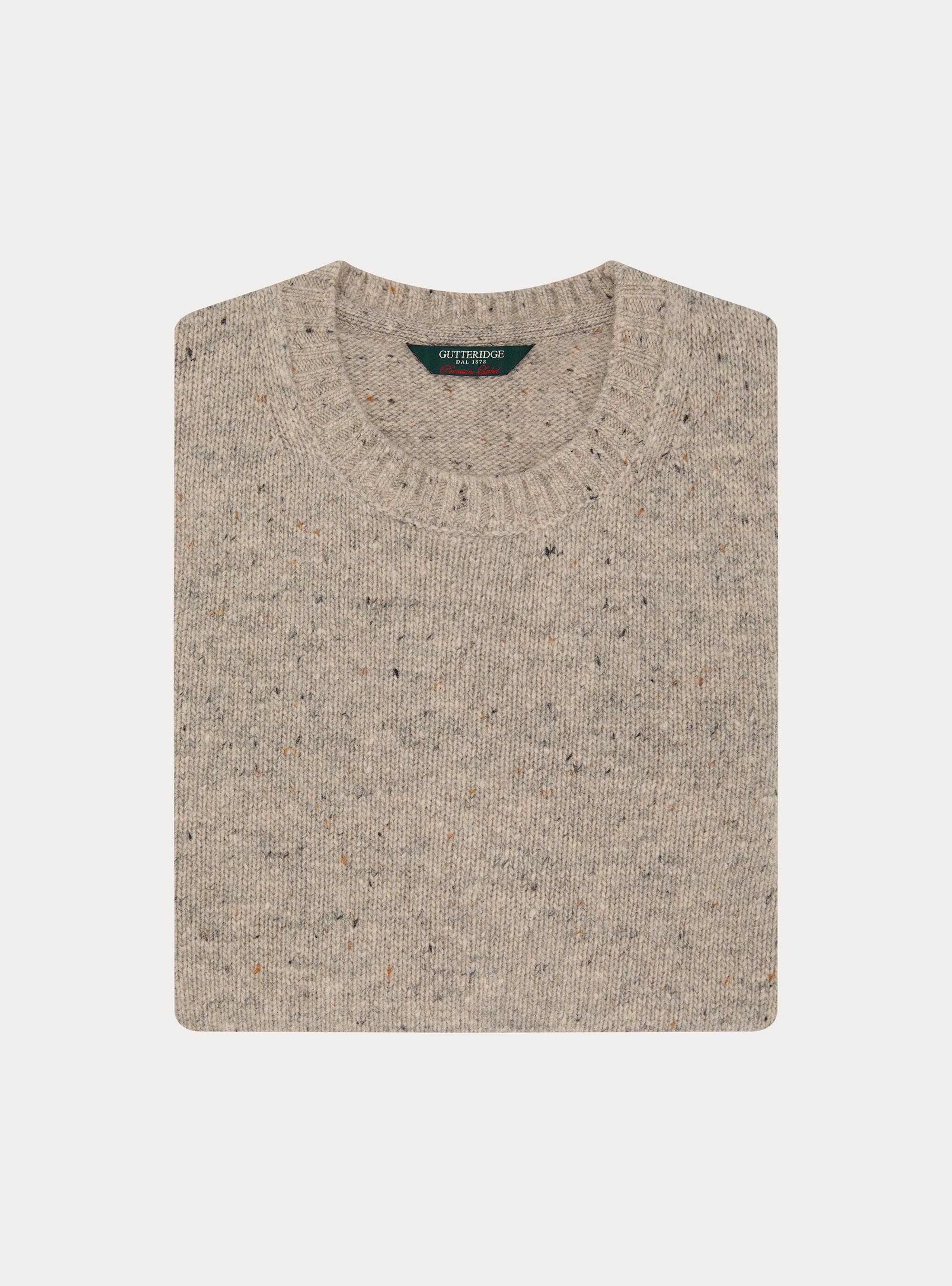 Donegal-style merino wool blend crewneck sweater, LIGHT GREY MELANGE