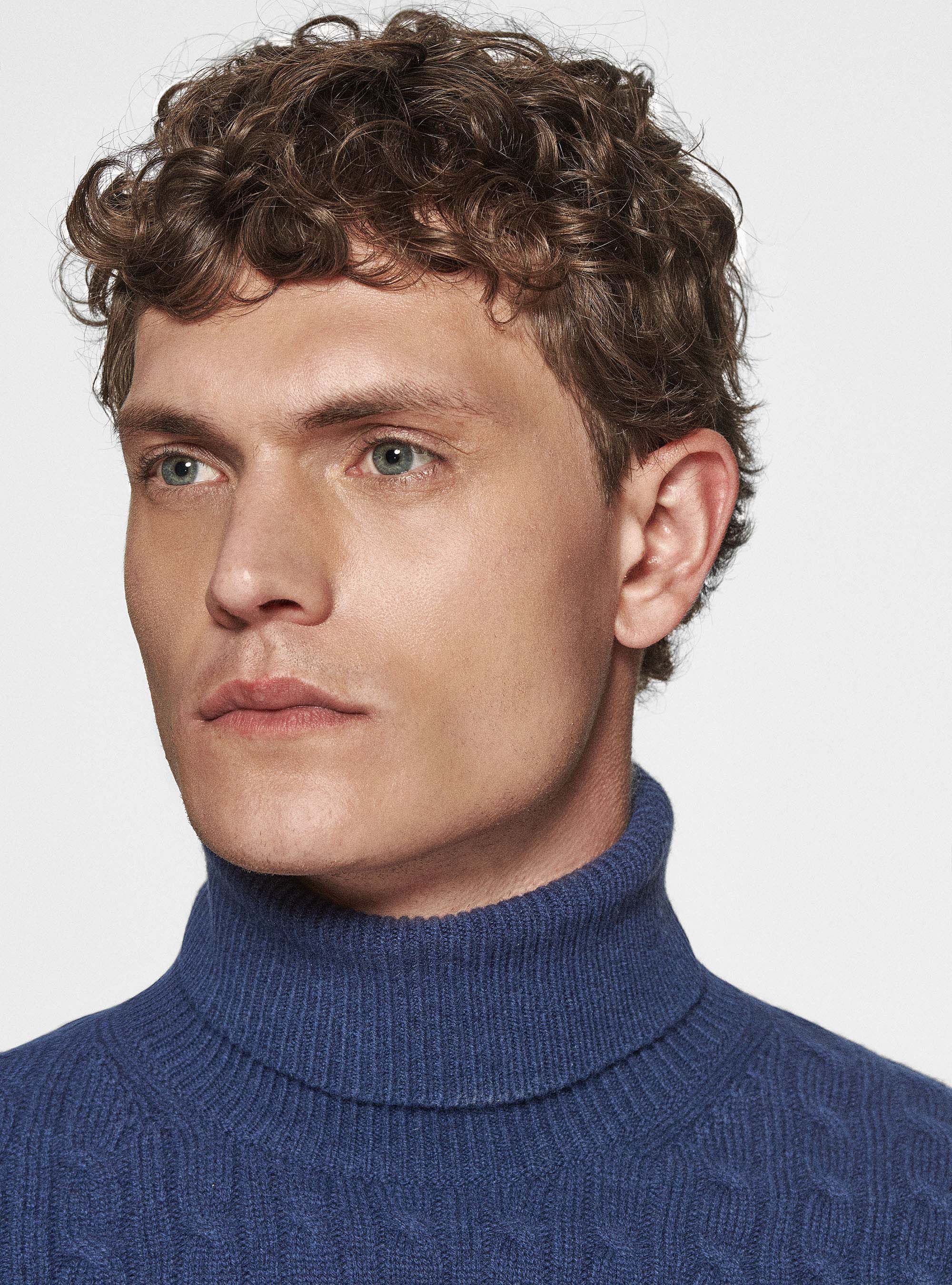 Maglia collo alto in lana cashmere con treccia, INCHIOSTRO