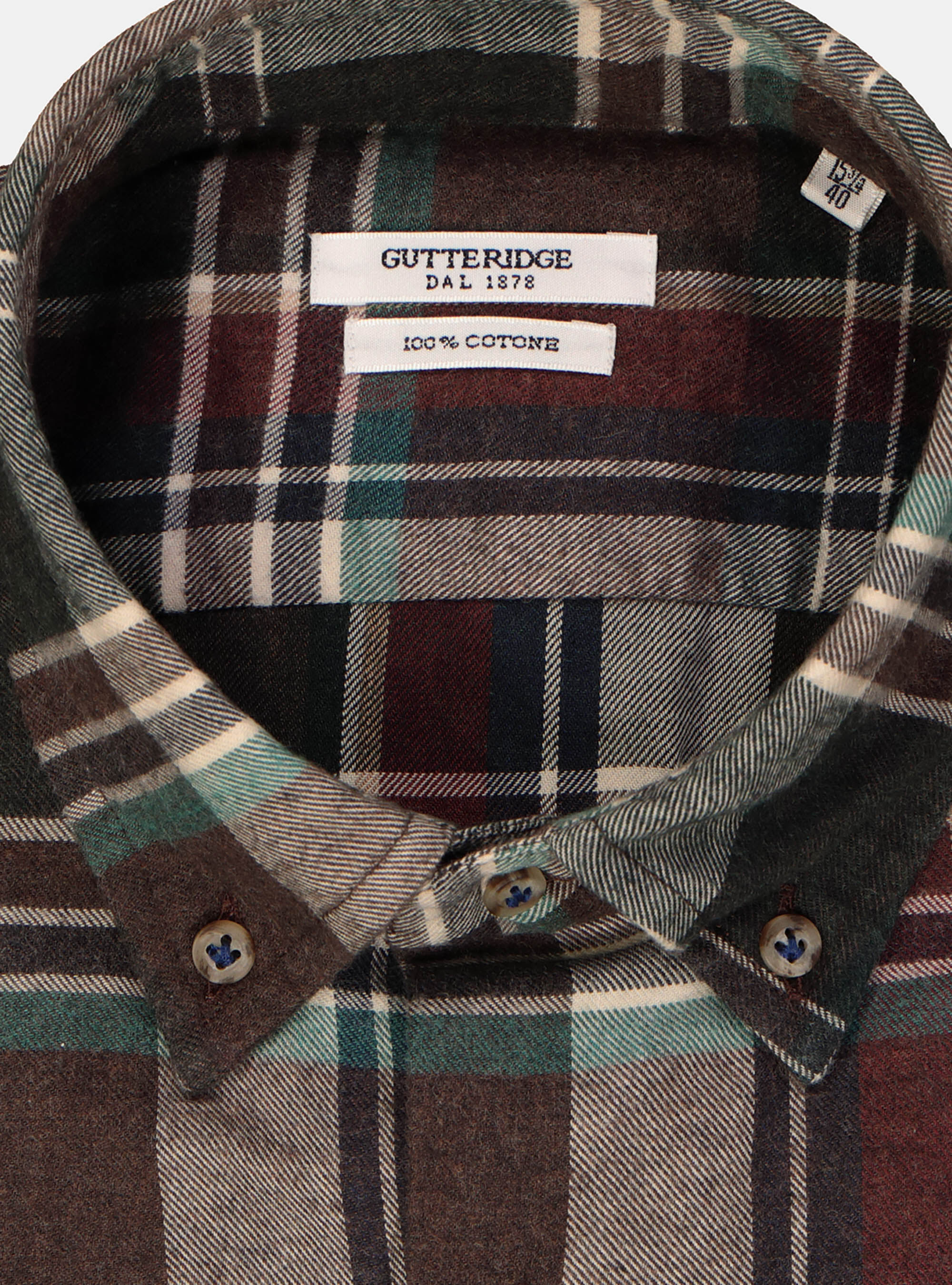 Camicia con collo button down in flanella di cotone a quadri, BROWN