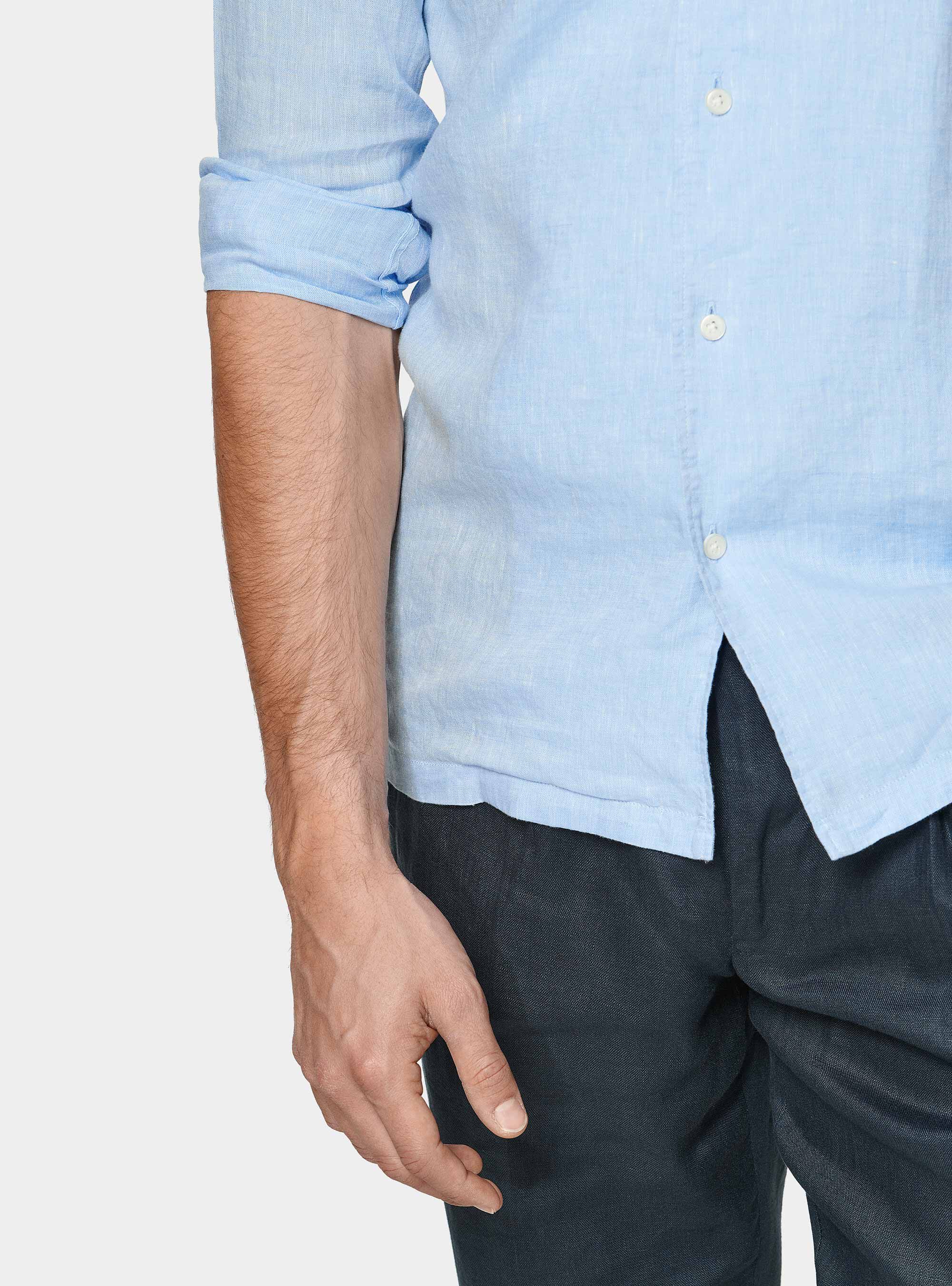 Camisa bowling de lino puro con grandes bolsillos, CELESTE