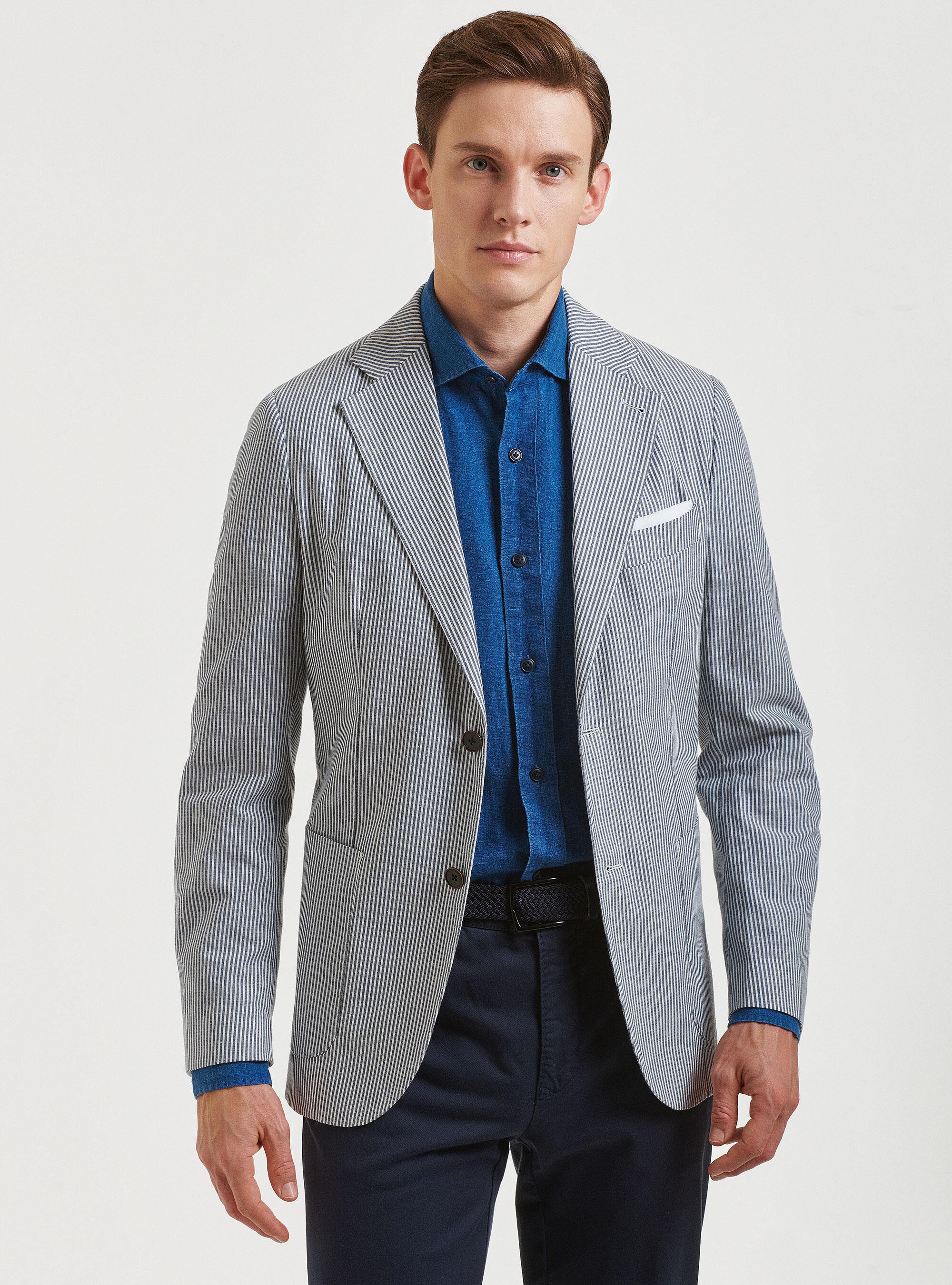 Giacca blu in cotone e lino rigato, BLU