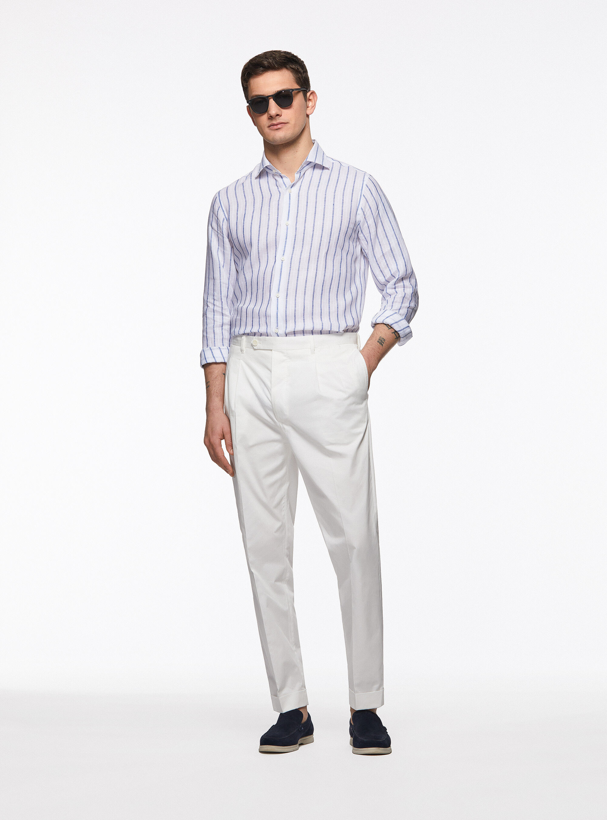 Poplin trousers with pleats, WHITE