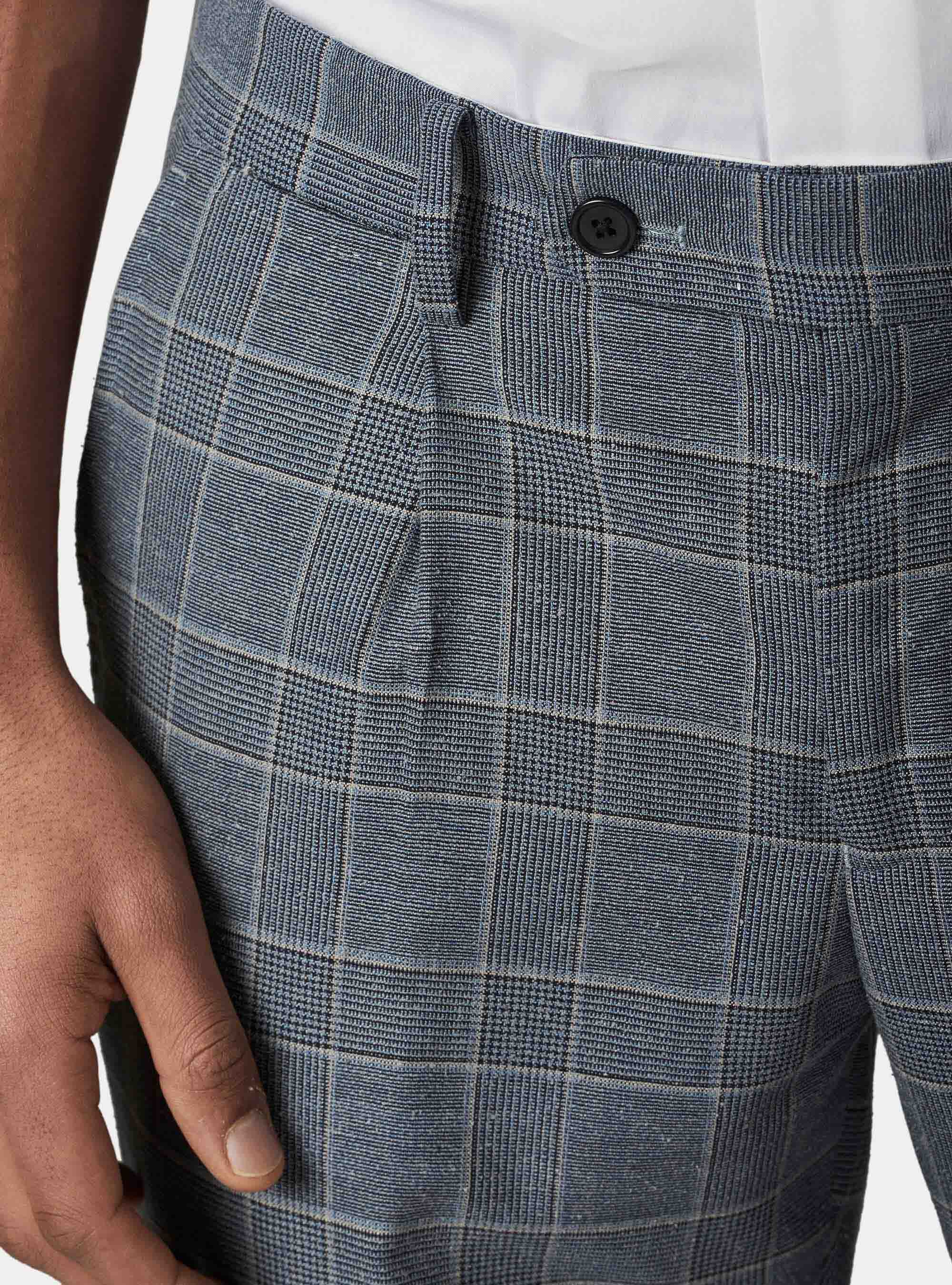 Pantaloni per abito in principe di galles lana boucl&egrave; e seta, BLU