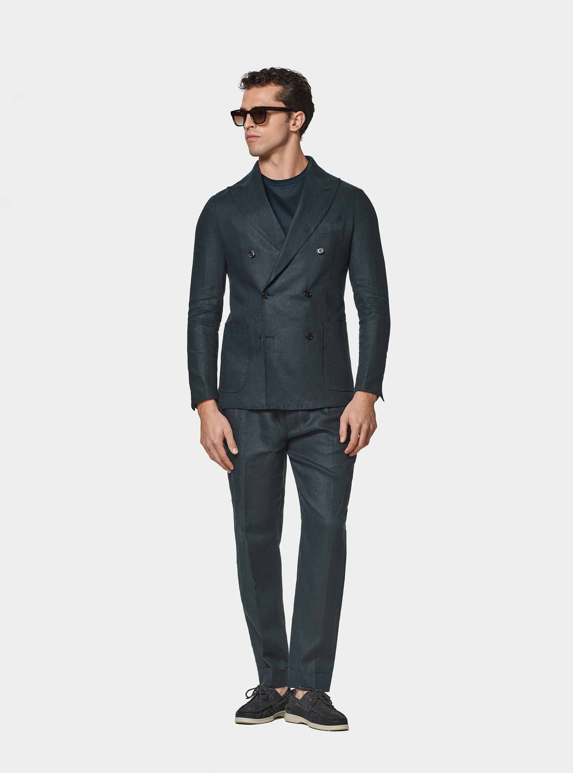 Giacca doppiopetto in puro lino, BLU NAVY