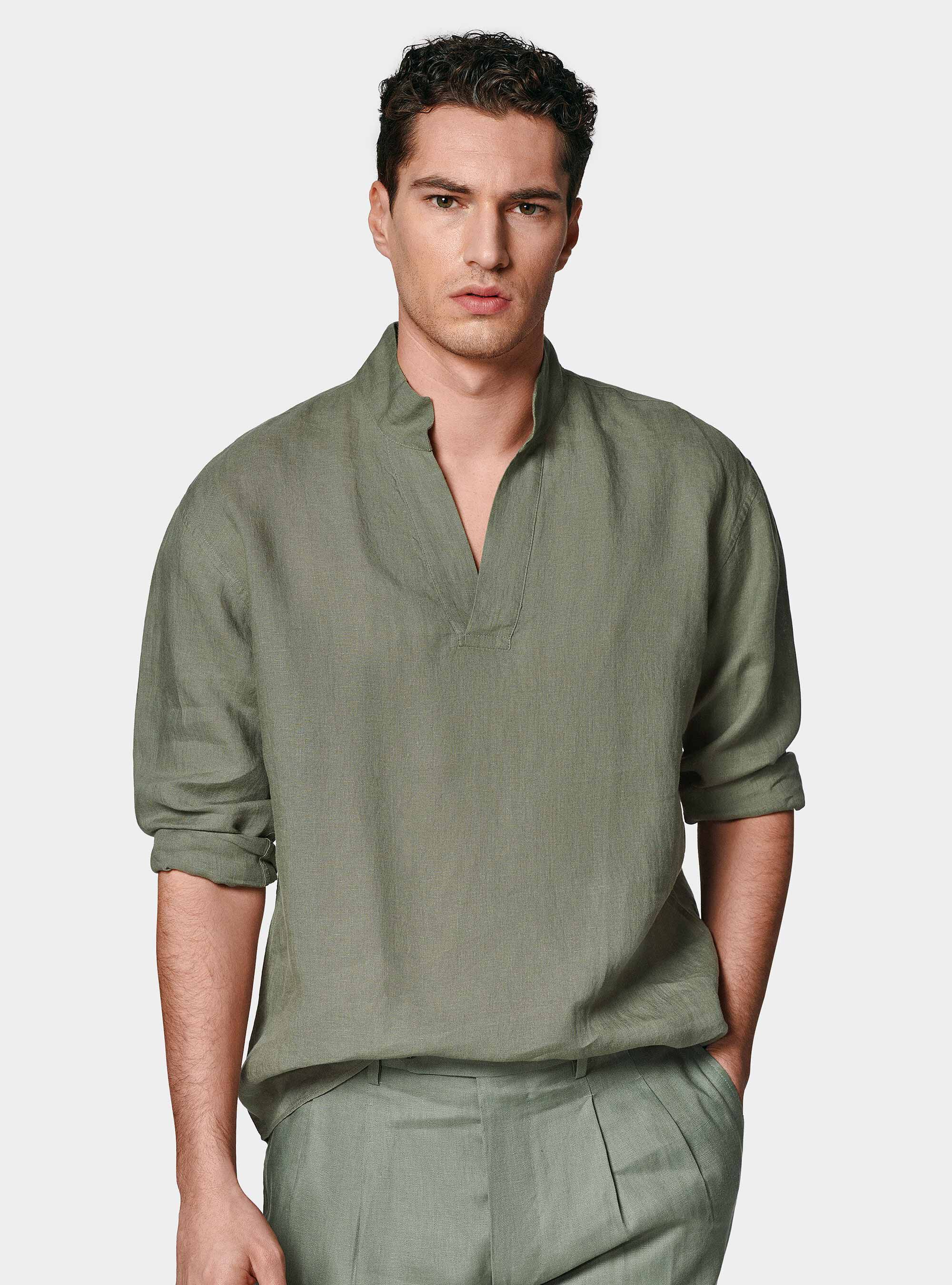 Camisa coreana de lino puro, SALVIA 0602C