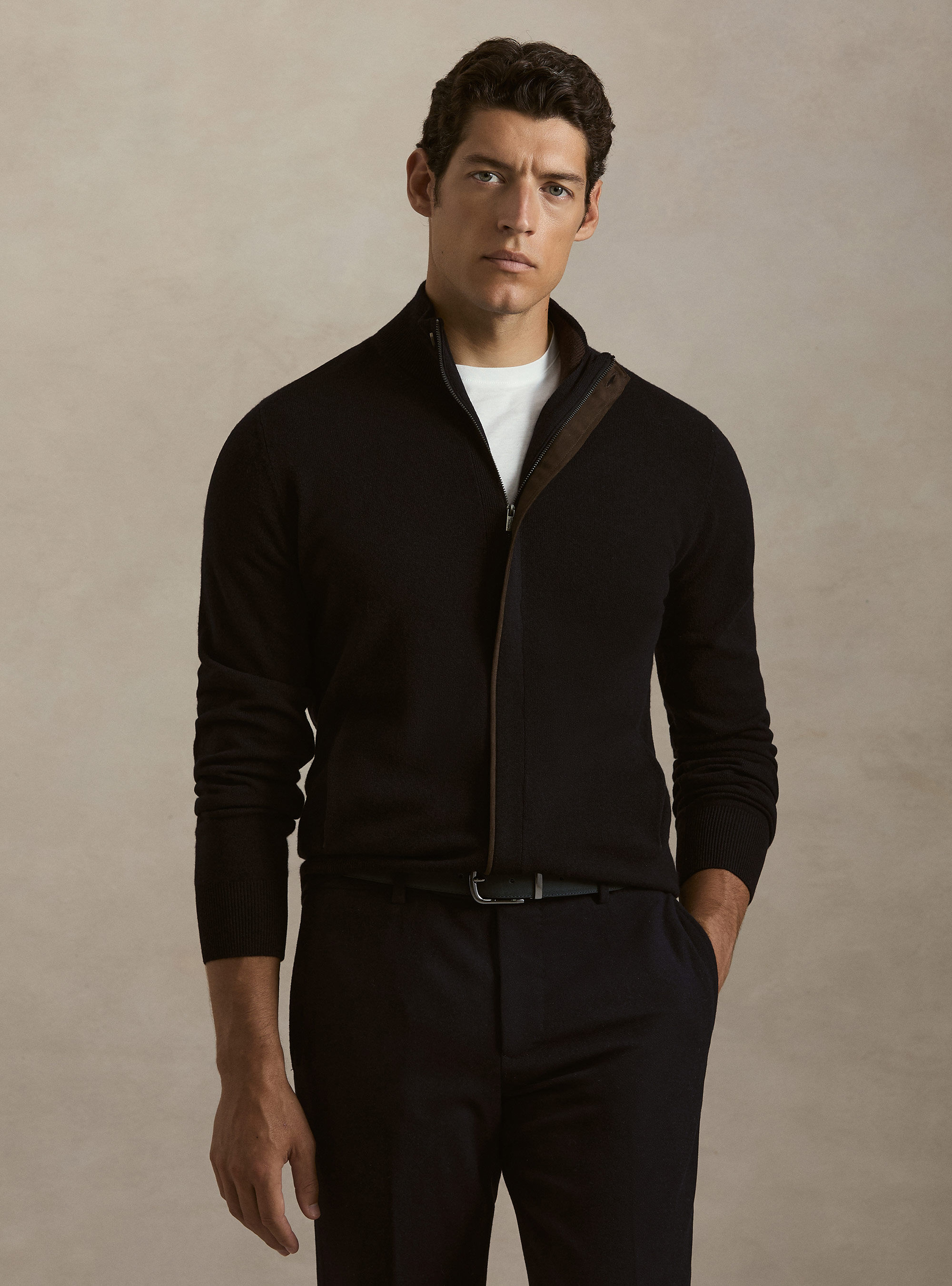 Zip-up cardigan in lambswool and cashmere blend
