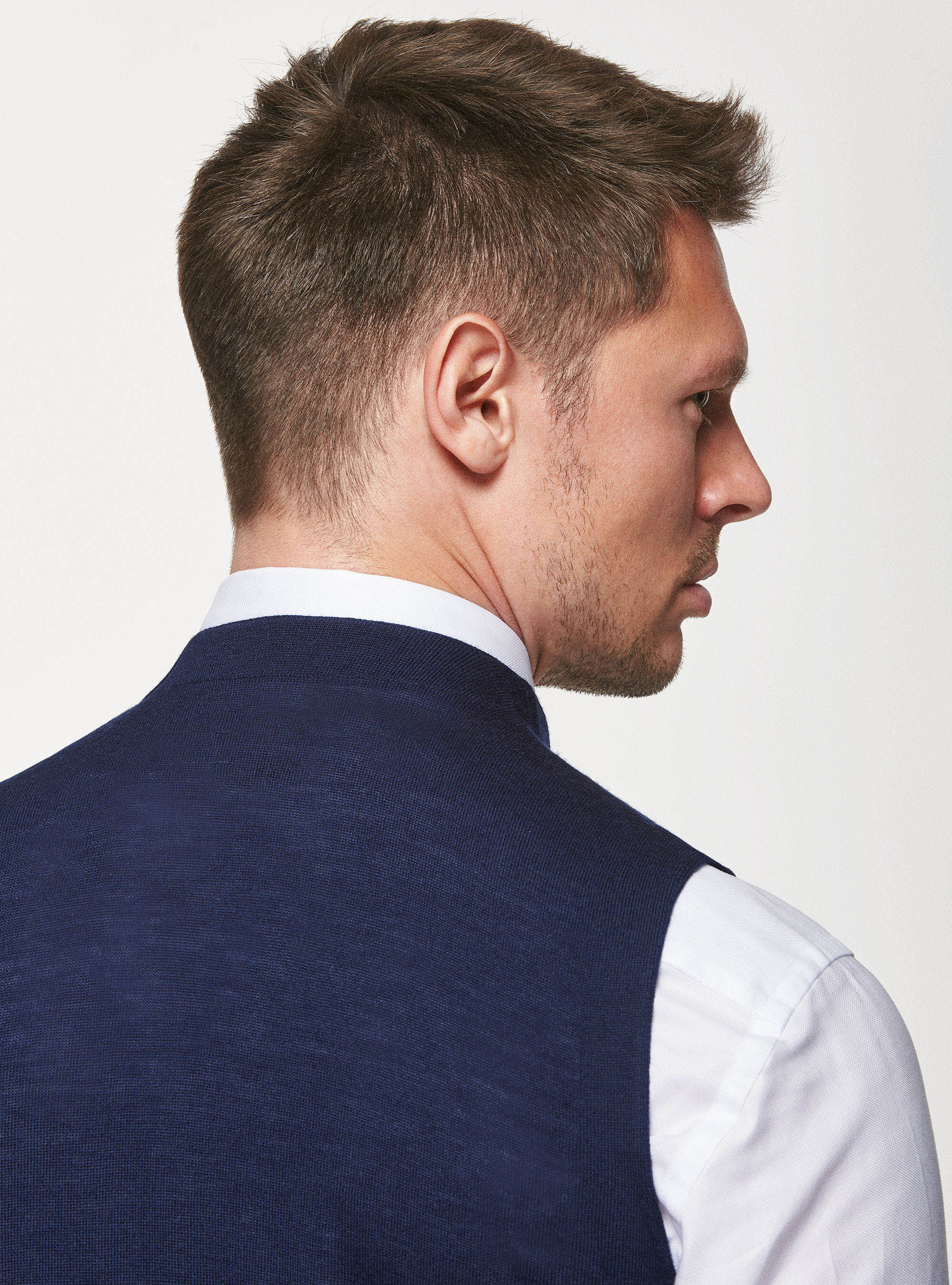Double-breasted knitted gilet in pure merino wool, NAVY BLUE