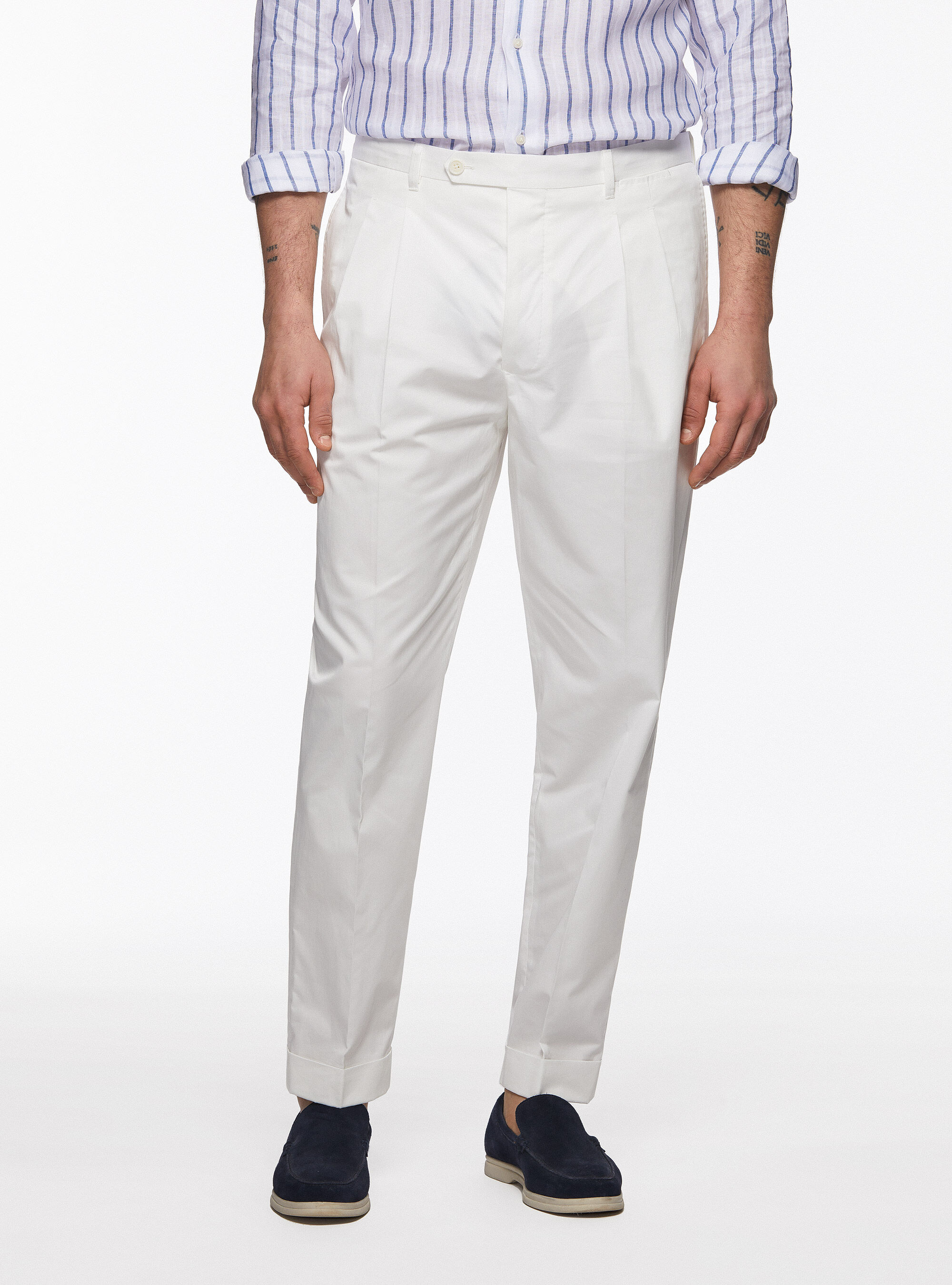 Poplin trousers with pleats, WHITE
