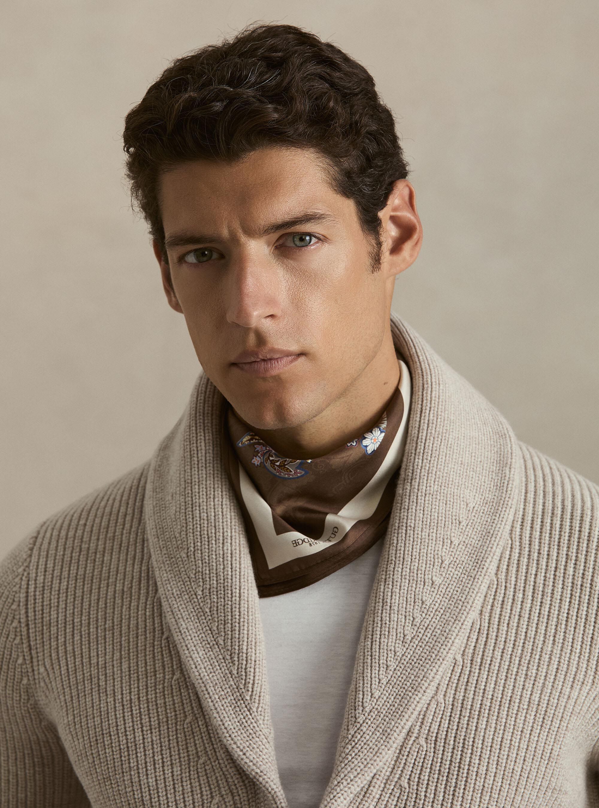 Merino wool shawl collar cardigan, ECRU