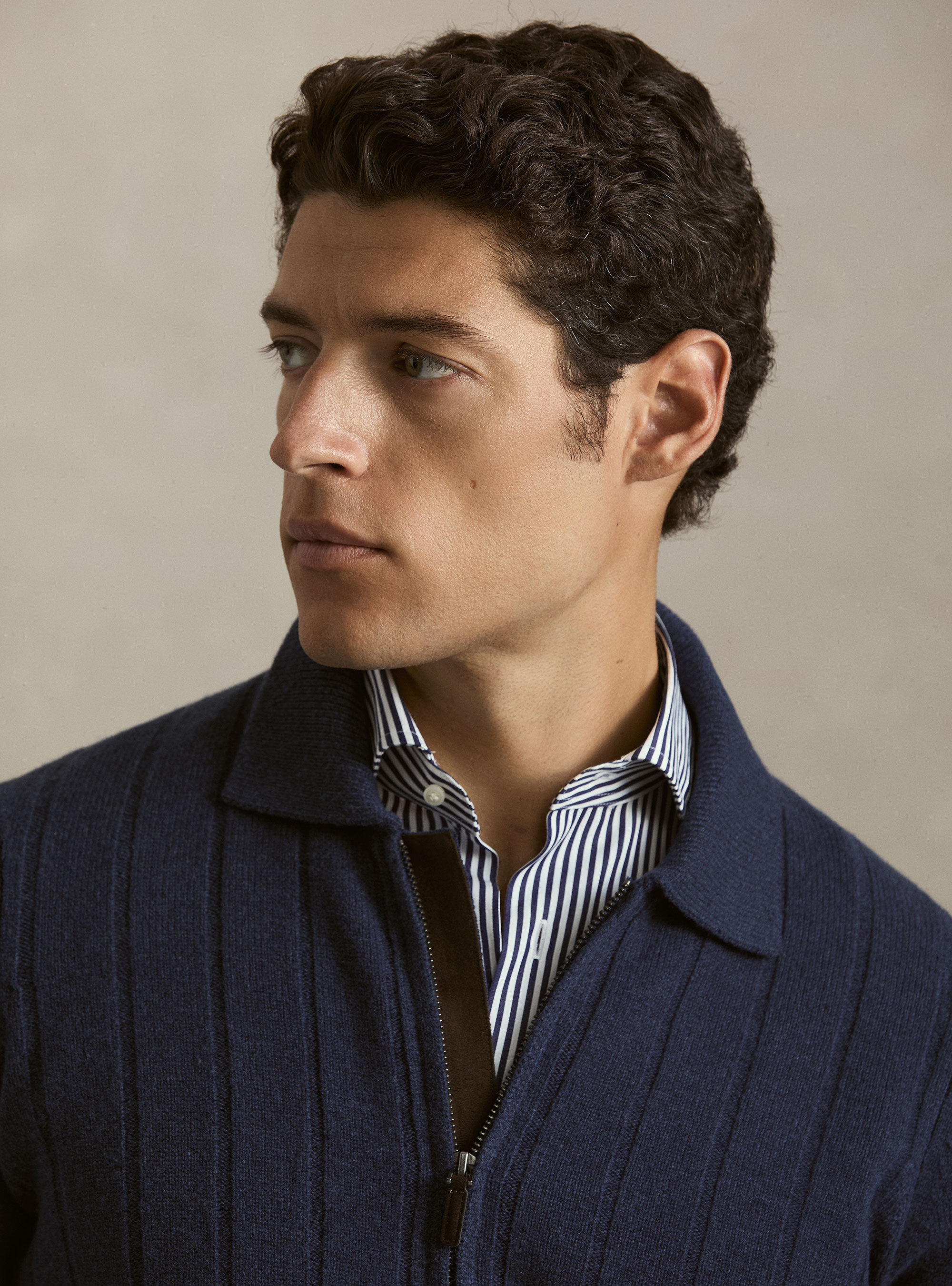 Full-Zip Pullover aus Wolle-Kaschmir mit Flachrippe, INCHIOSTRO 0232C