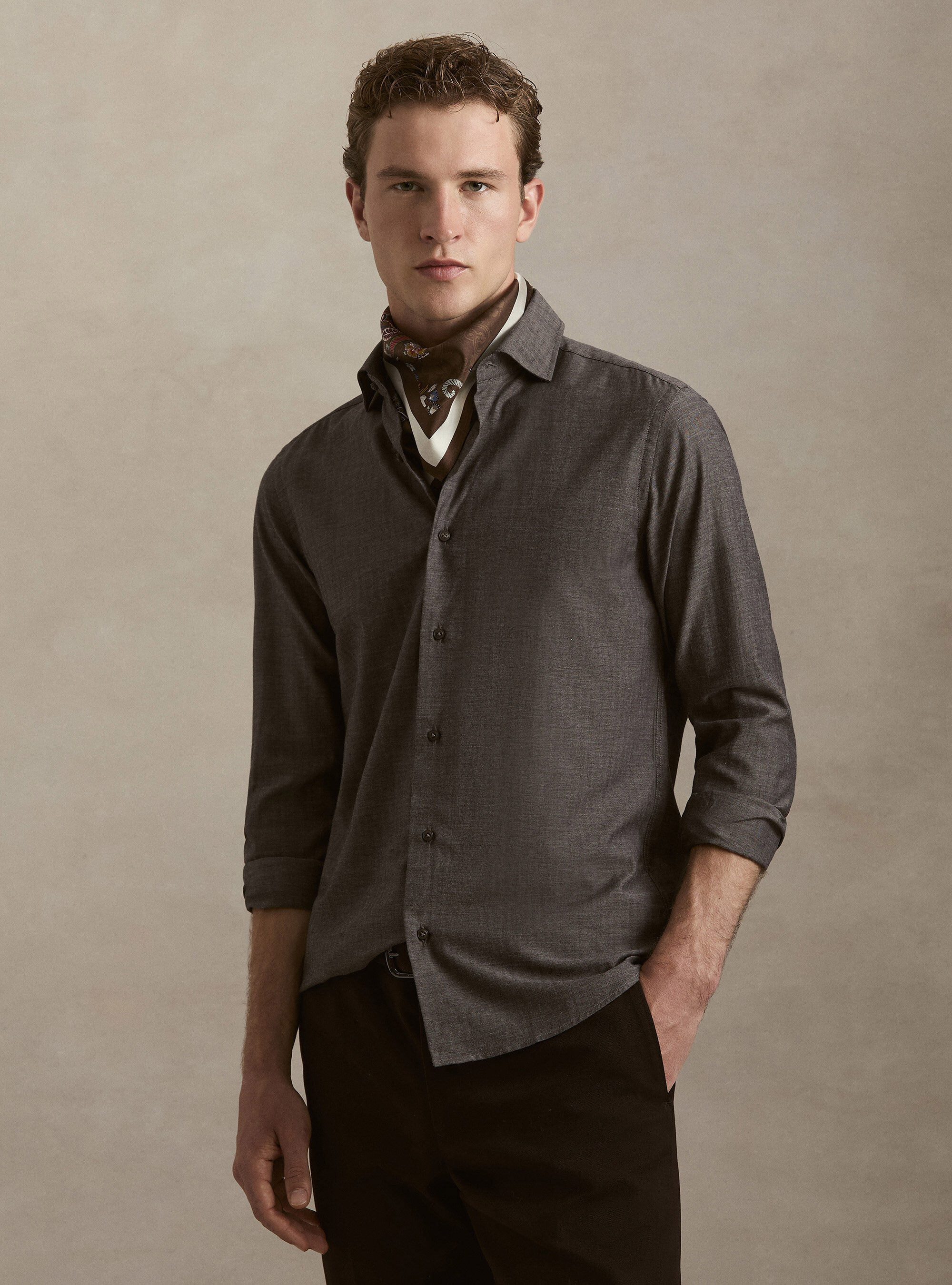 Camicia in flanella di cotone spigato, MARRONE