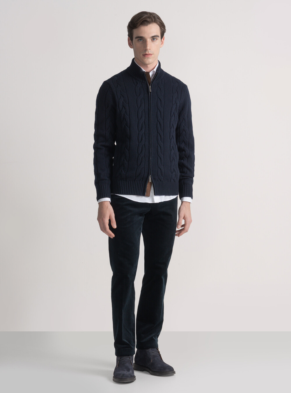 Maglia con zip e treccia in lana cashmere, BLU NAVY Maglia con zip e treccia in lana cashmere