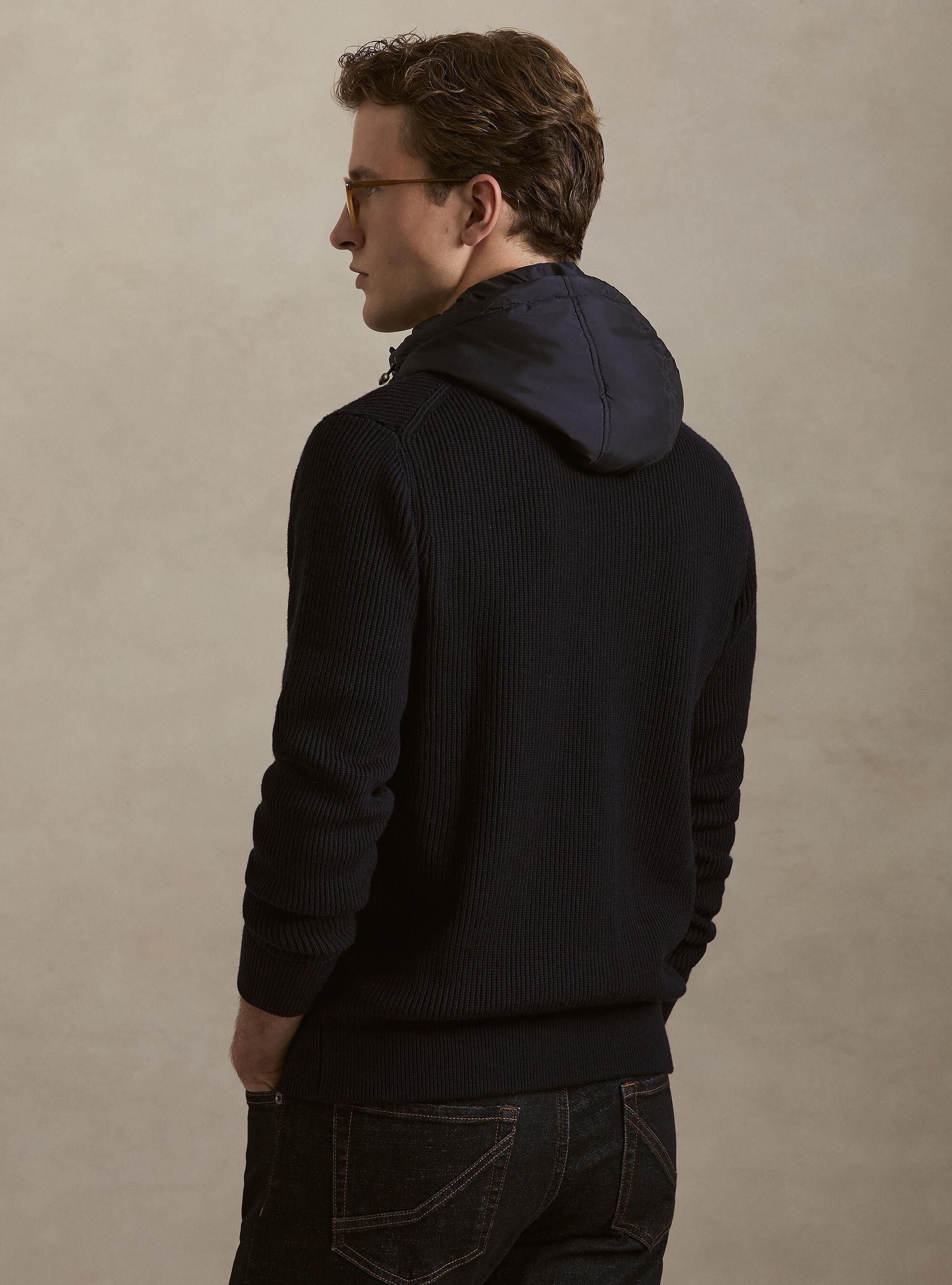 Cardigan costa inglese in lana e cotone e cappuccio removibile, BLU NAVY