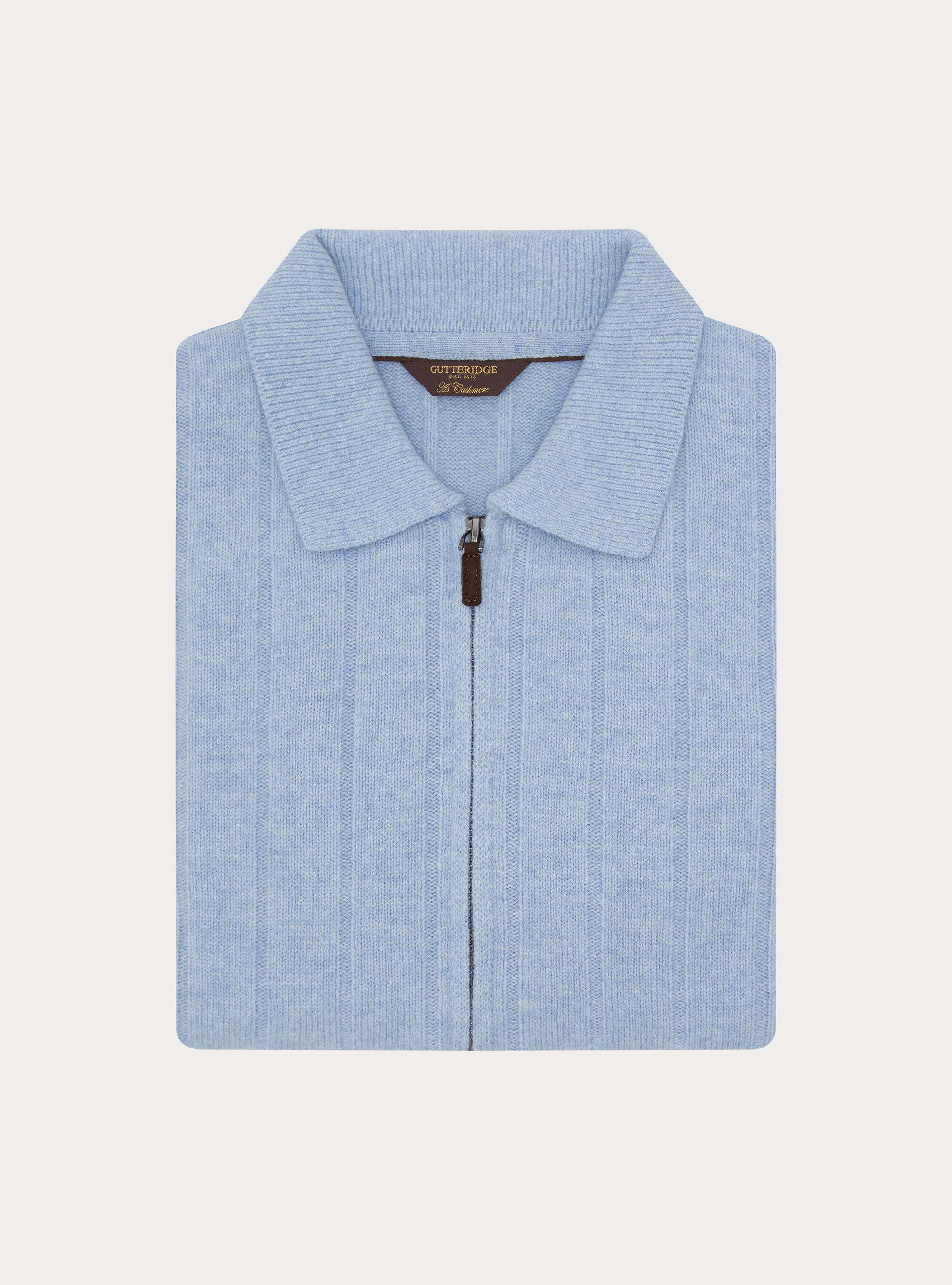 Full-zip wool-cashmere flat-ribbed sweater, AZZURRO POLVERE 0283C