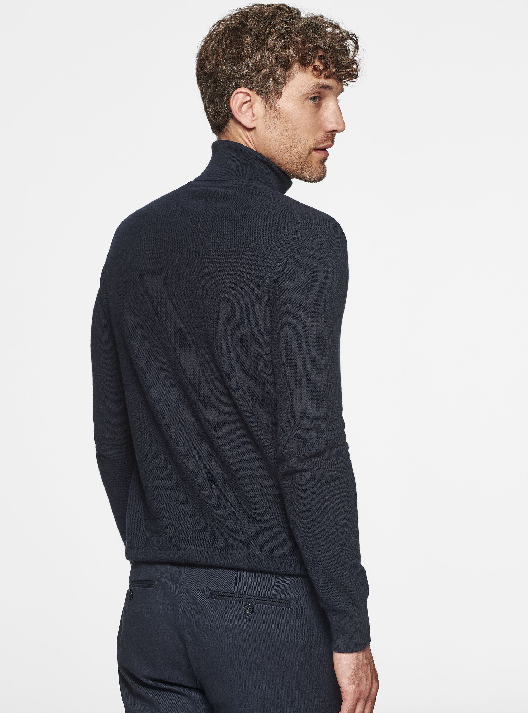 Cotton cashmere honeycomb turtleneck, NAVY BLUE