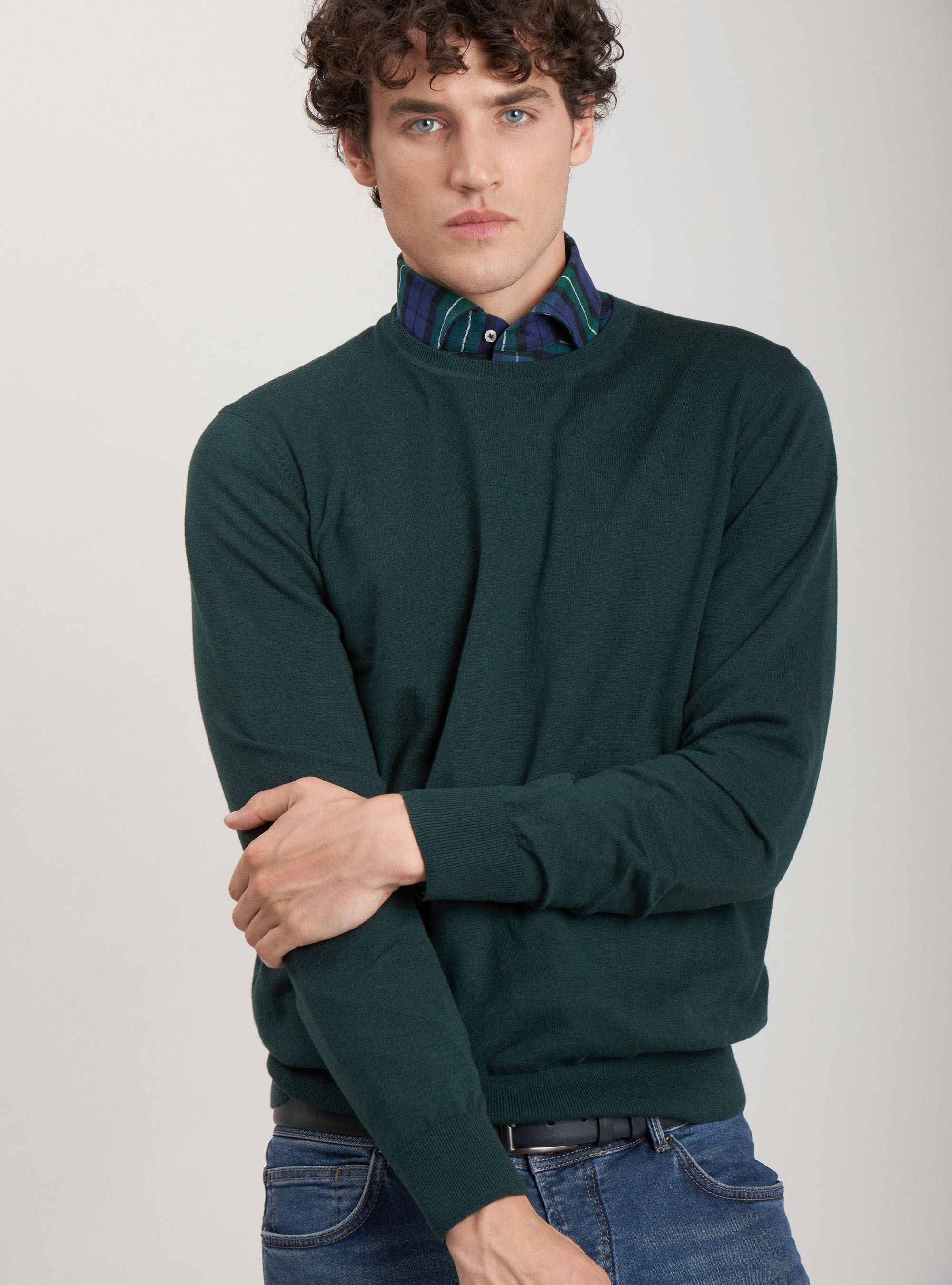 Maglia girocollo in cotone seta e cashmere, VERDE
