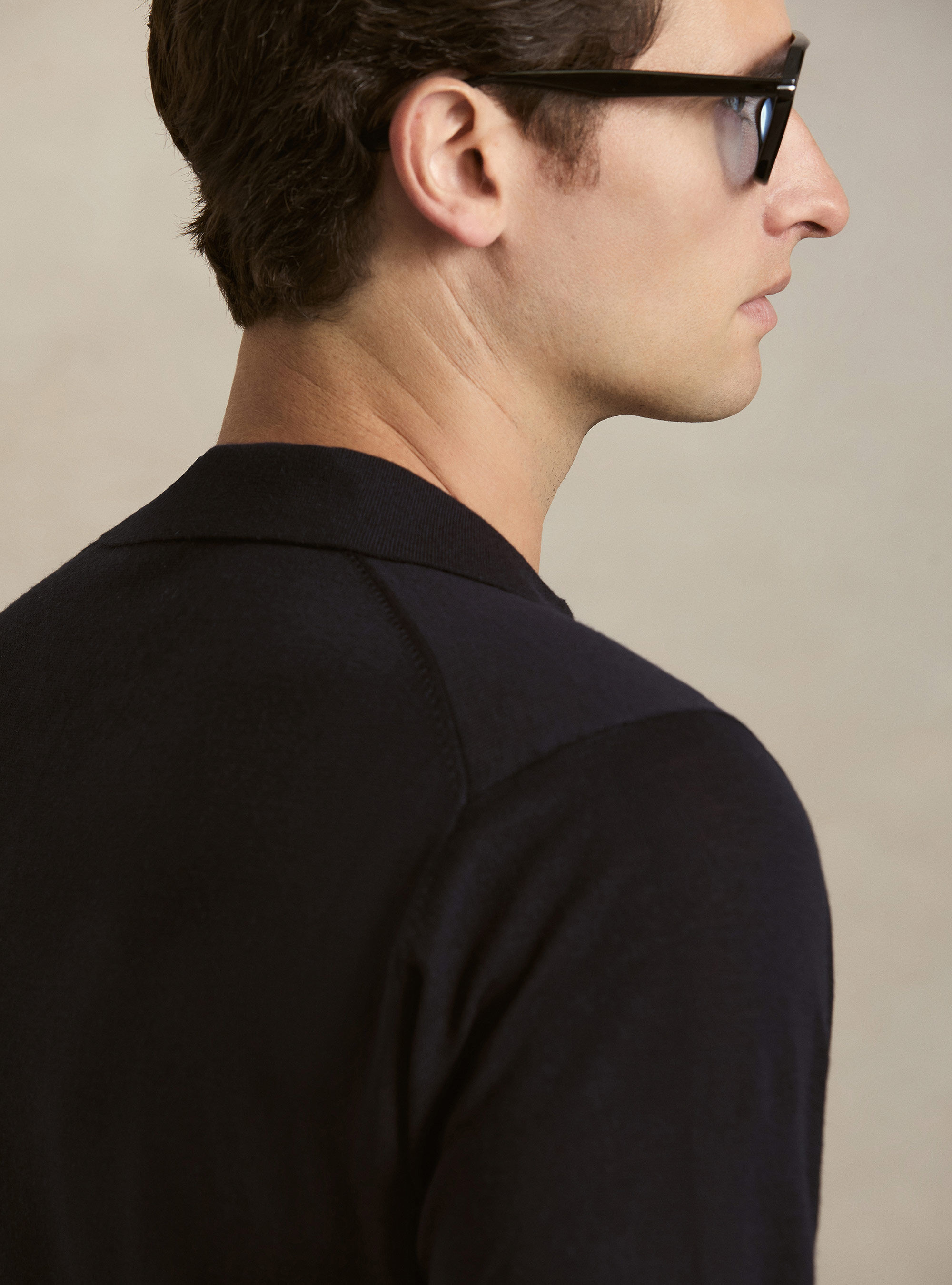 Polo collo senza bottoni in maglia lana merino, BLU NAVY