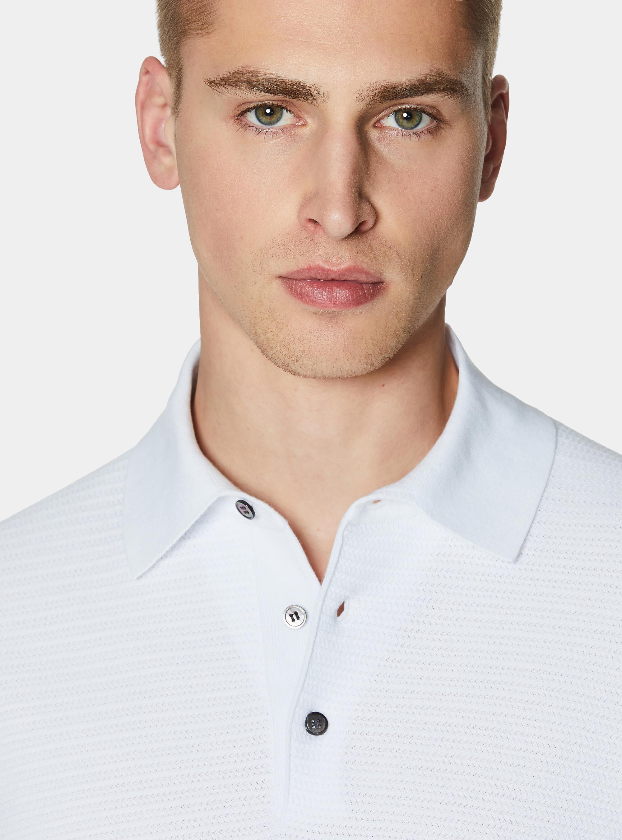 Textured cotton knit polo shirt, WHITE