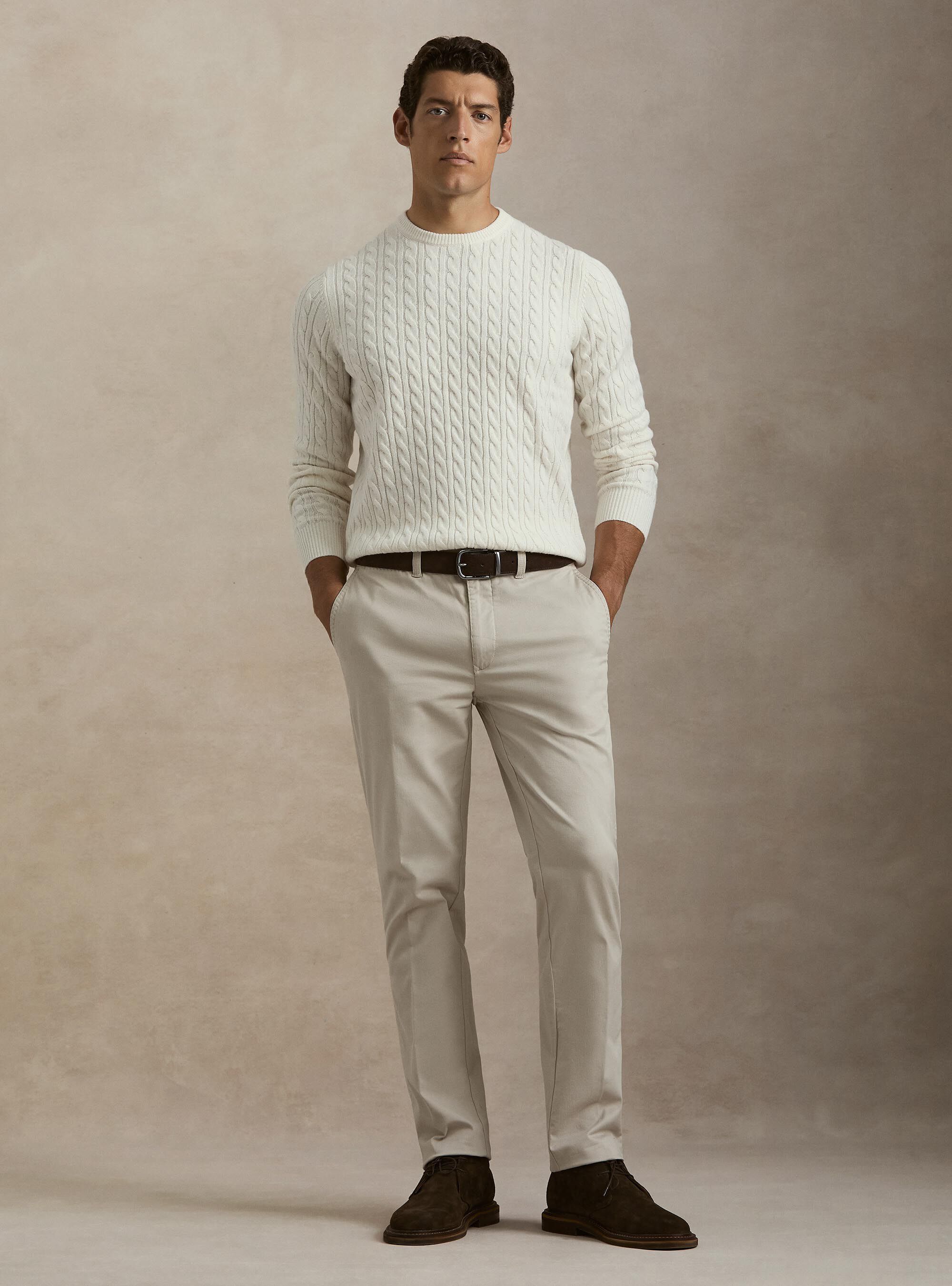 Girocollo in maglia con treccia in lana cashmere, BIANCO