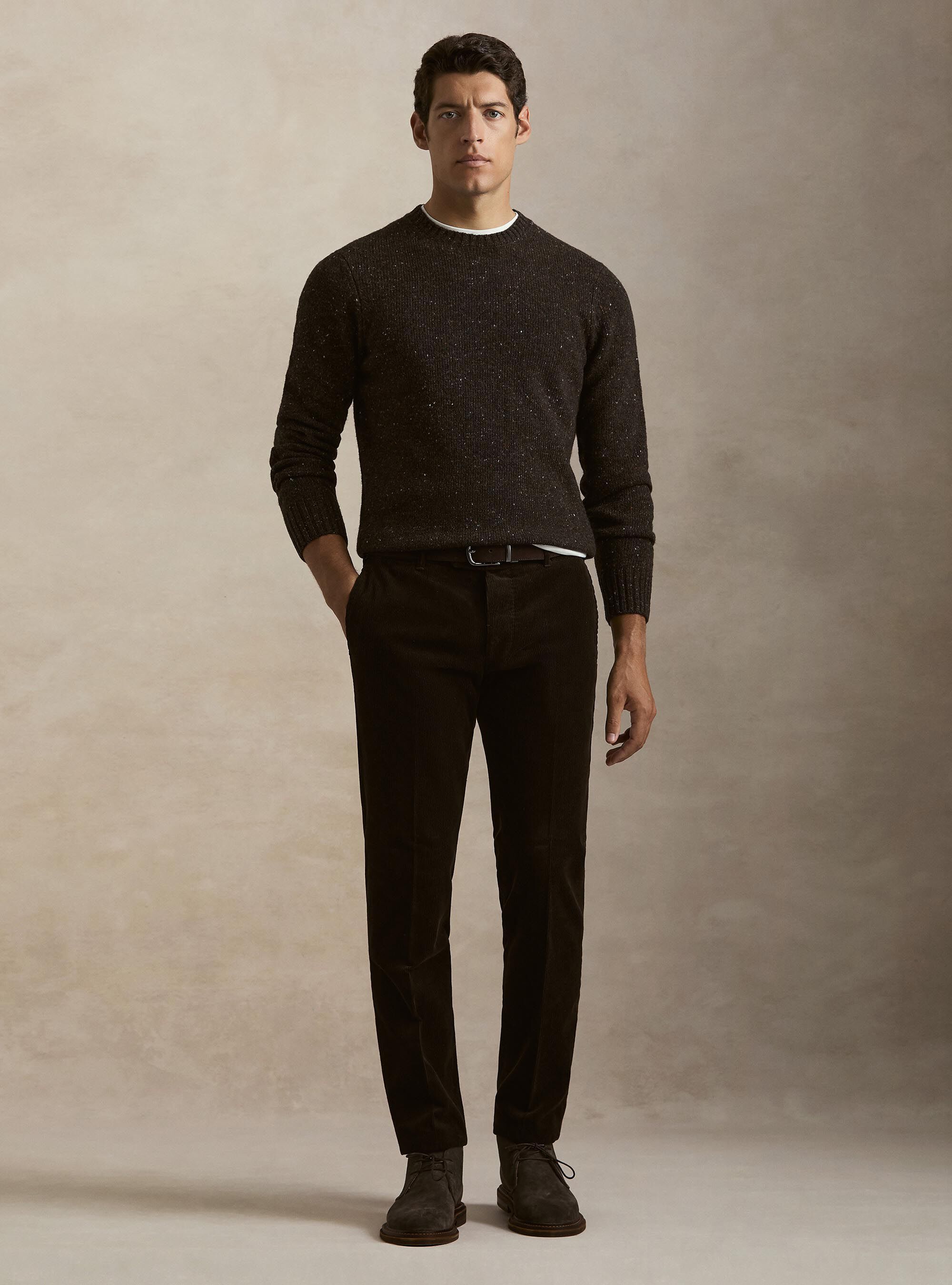 Donegal-style merino wool blend crewneck sweater, BROWN