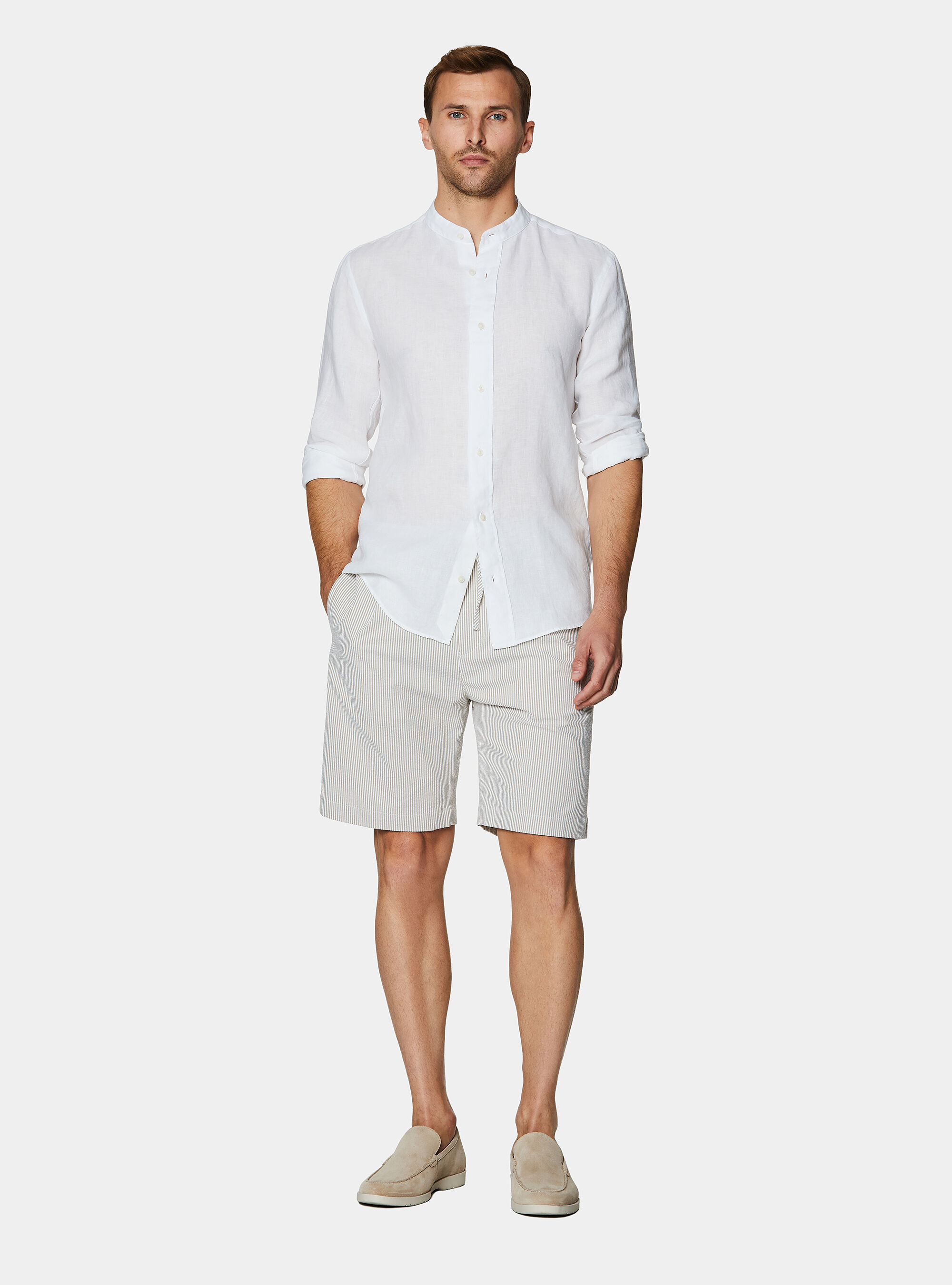 Camicia coreana in puro lino, BIANCO