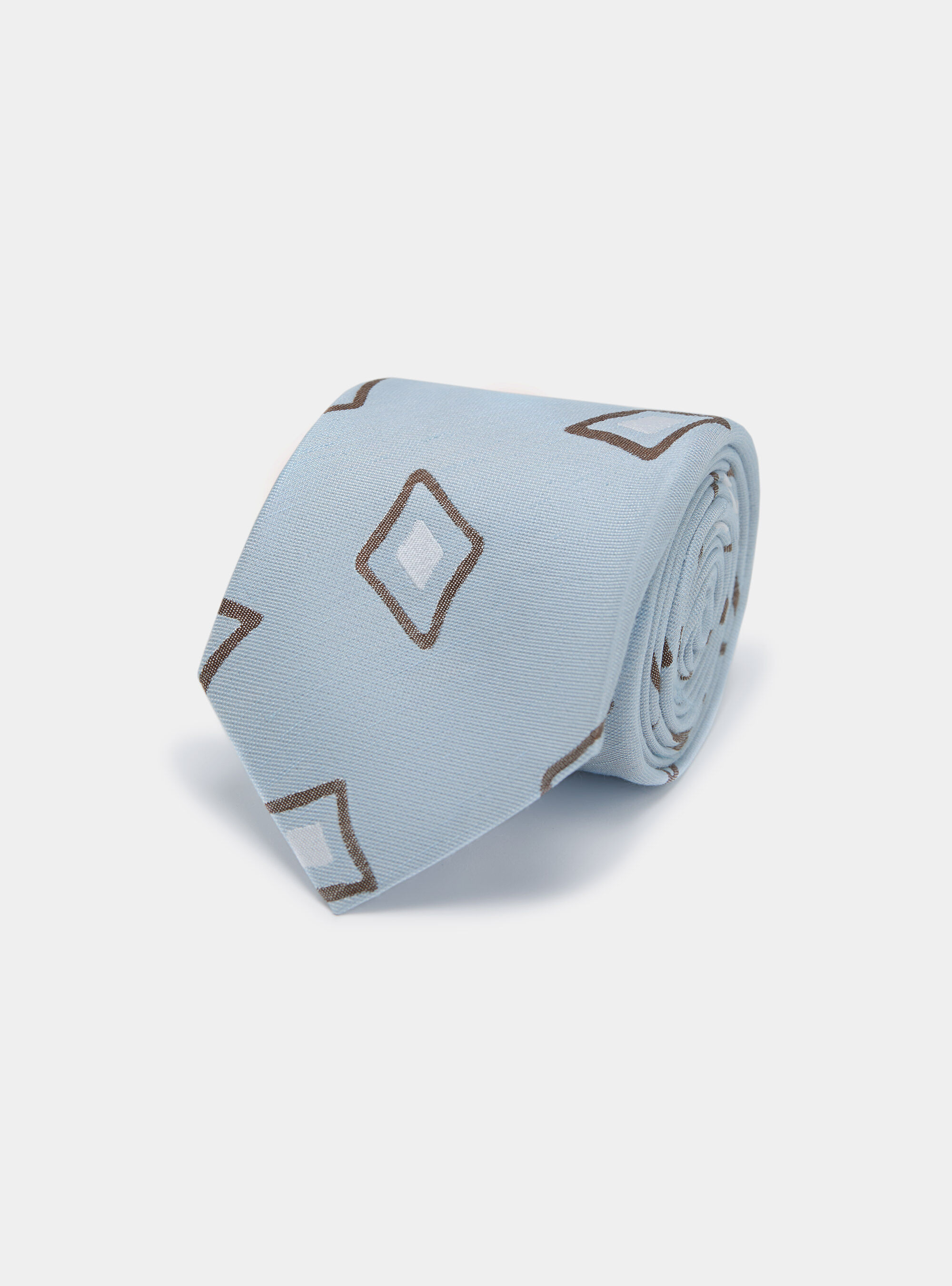 Cravatta in seta e lino fantasia geometrica, AZZURRO