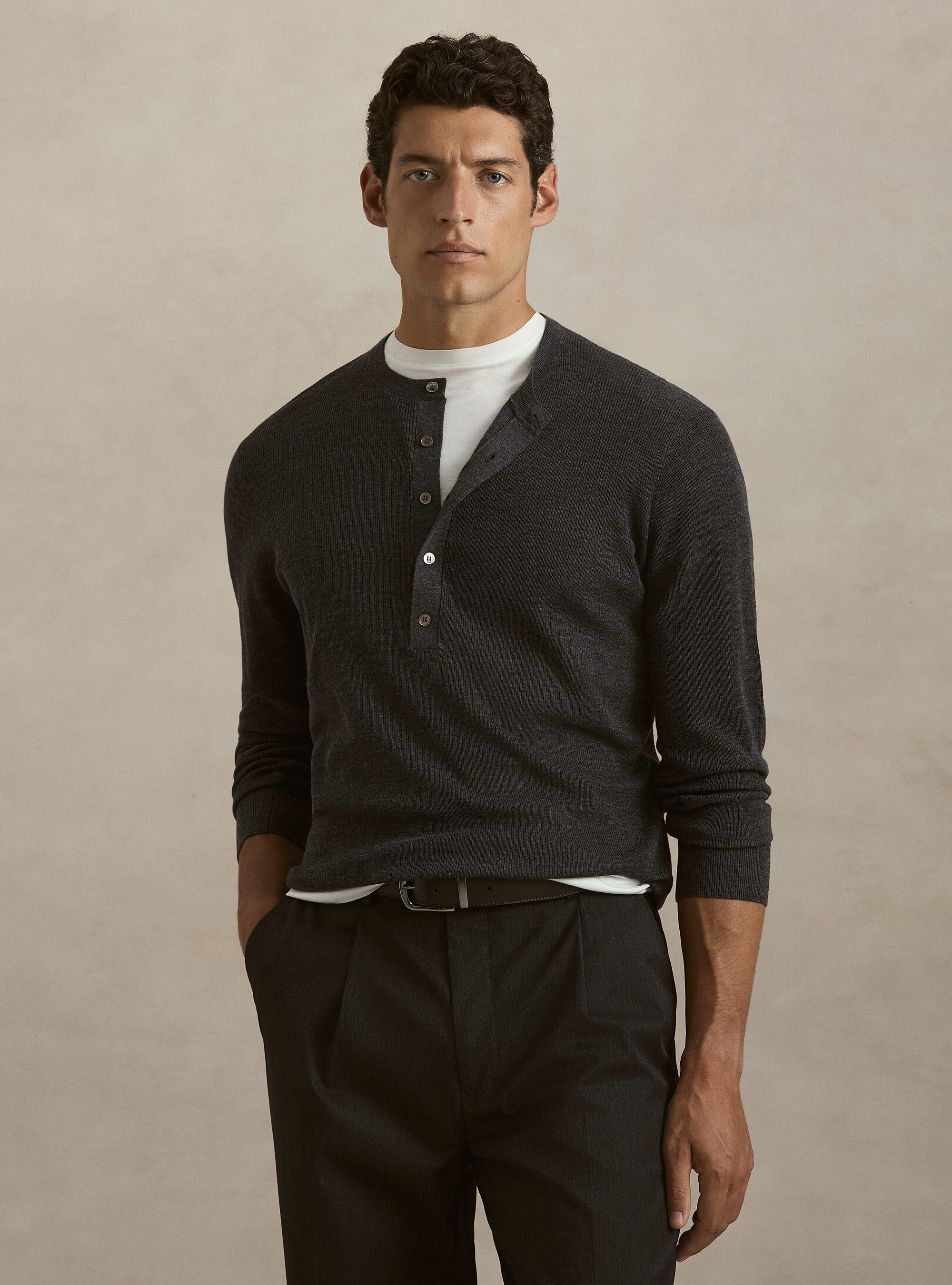 Ribbed wool Henley shirt, ASPHALT GREY