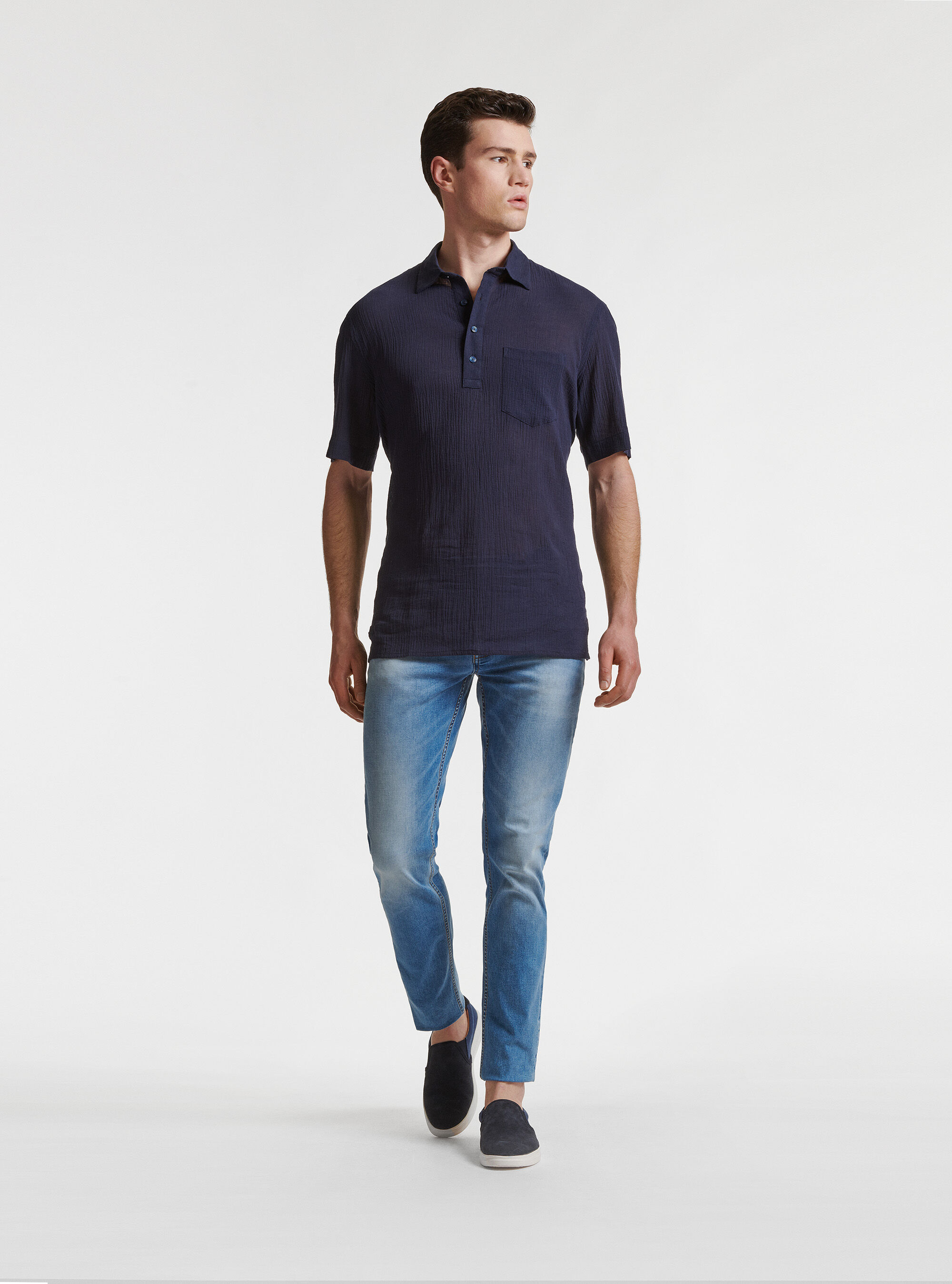 Half-sleeved polo shirt in cotton crepe