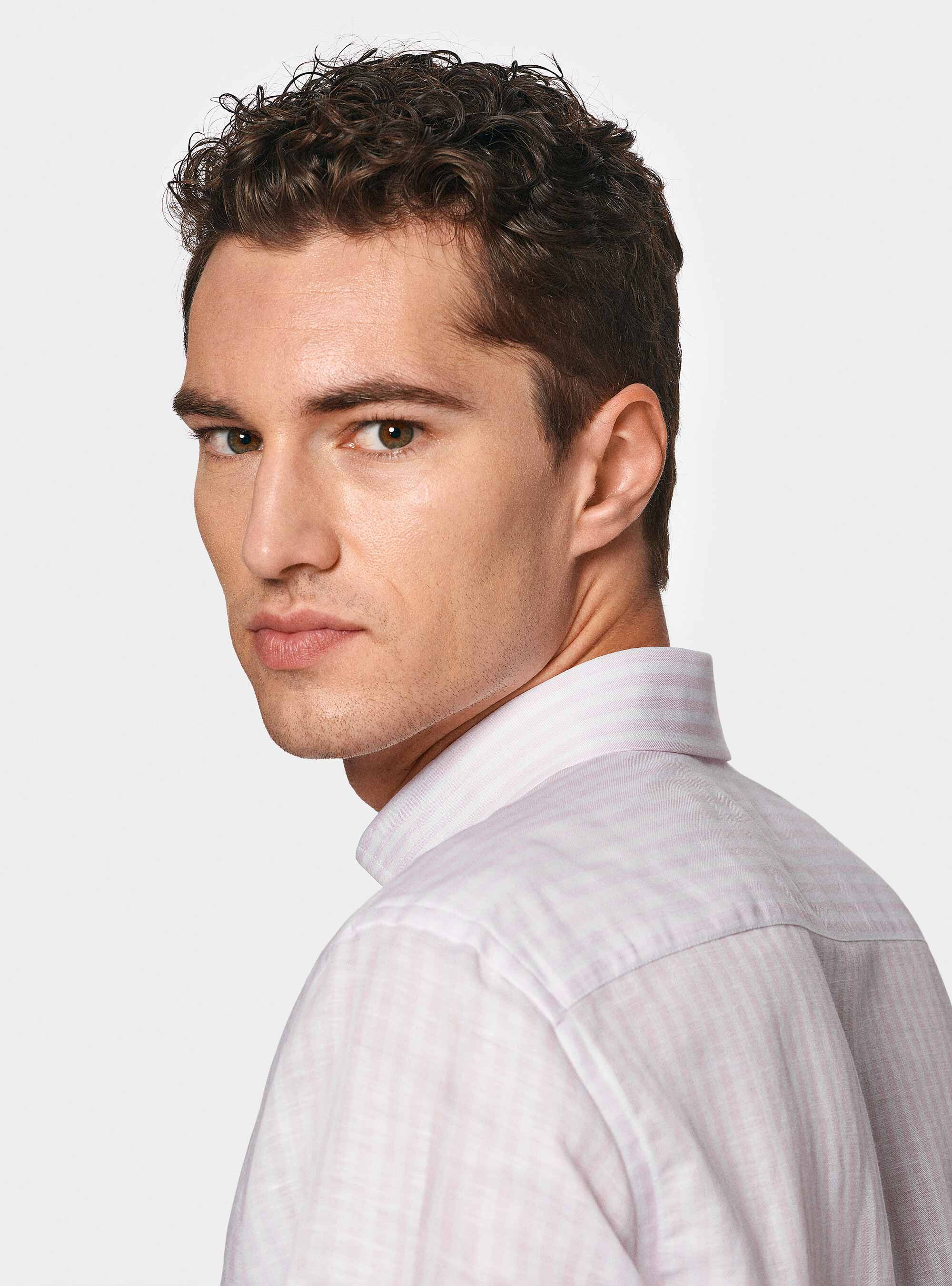 Camicia rigata in misto lino, ROSA