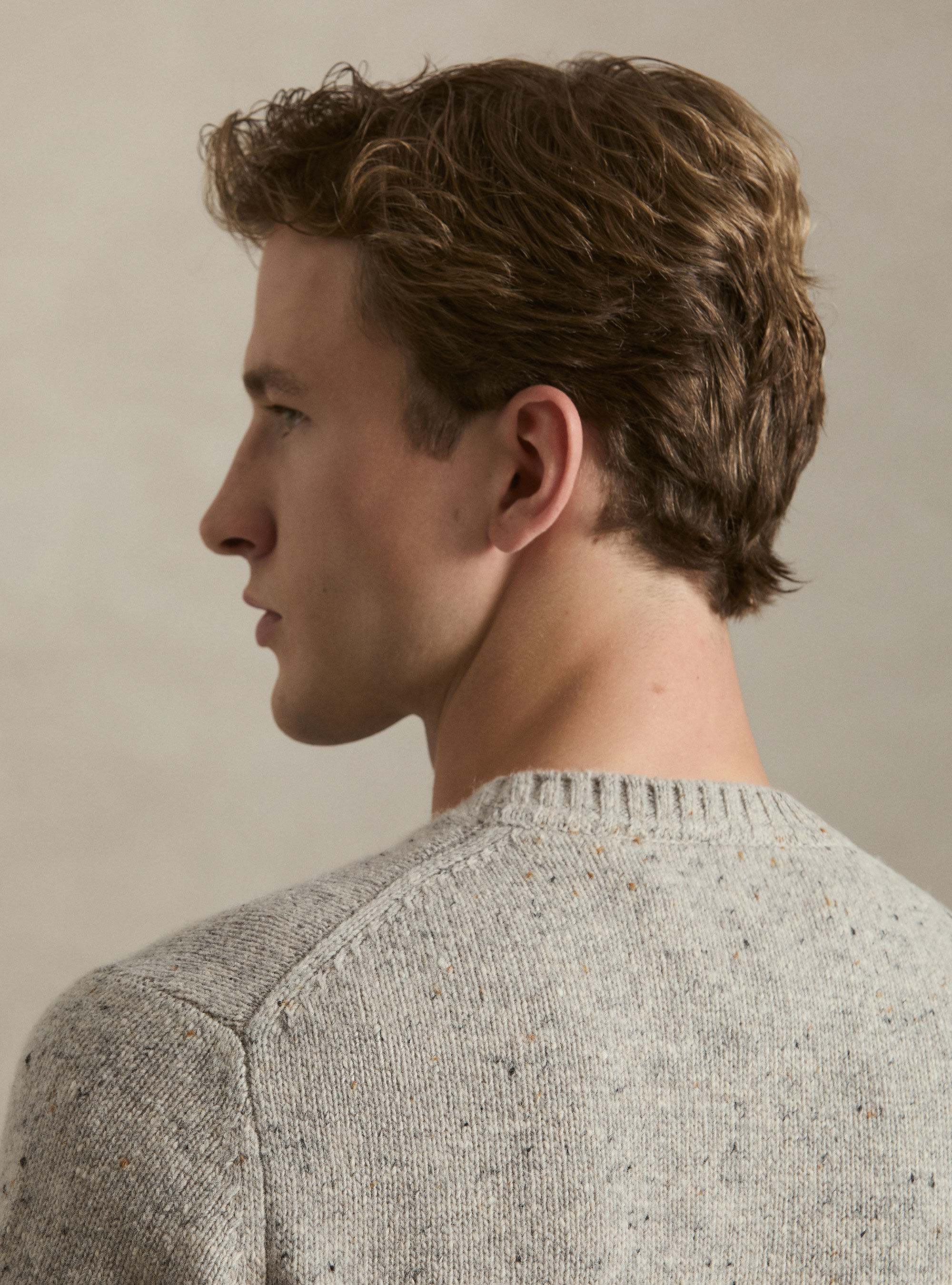 Donegal-style merino wool blend crewneck sweater, LIGHT GREY MELANGE