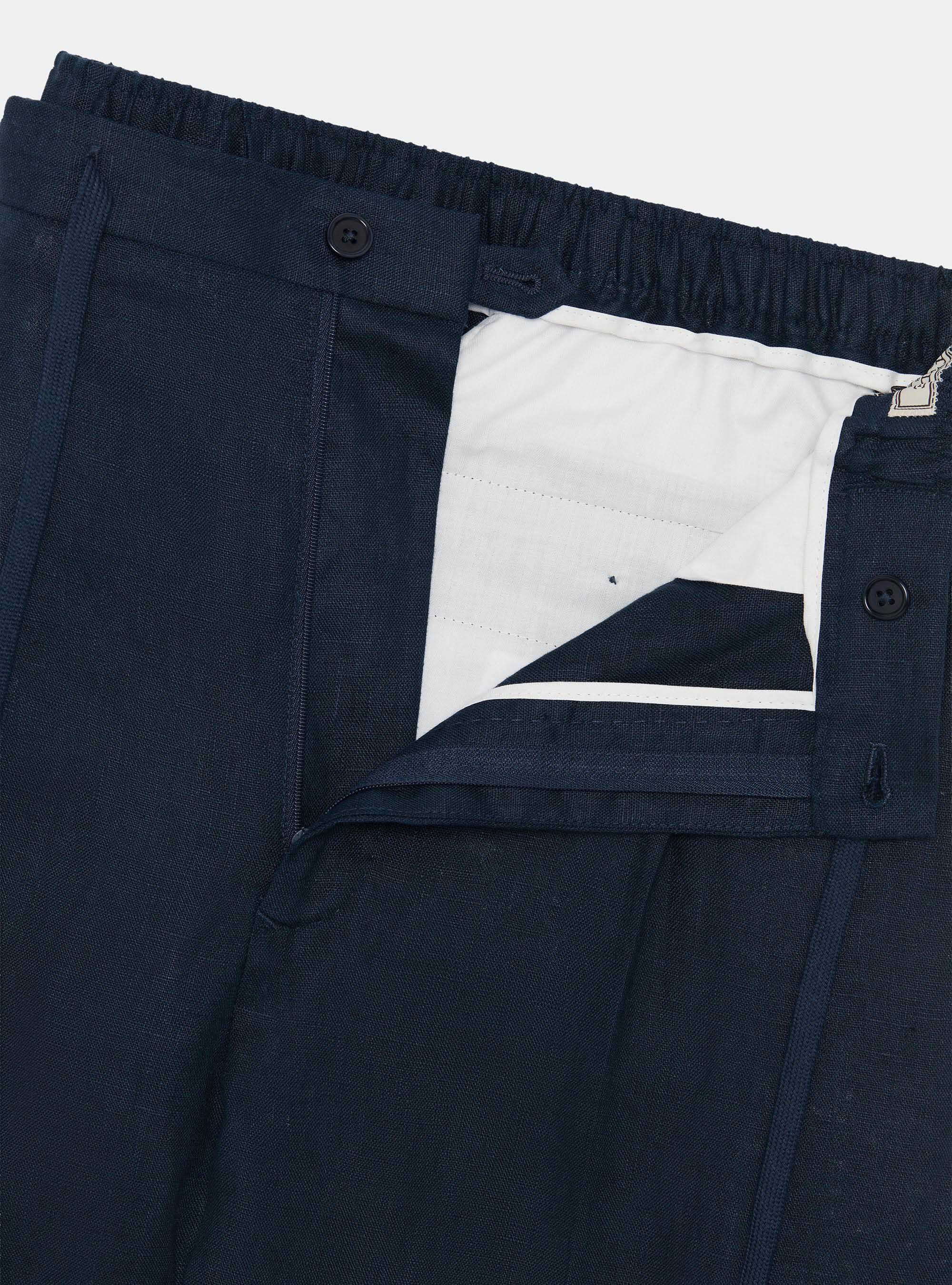 Pantaloni in puro lino con pince e coulisse, BLU NAVY