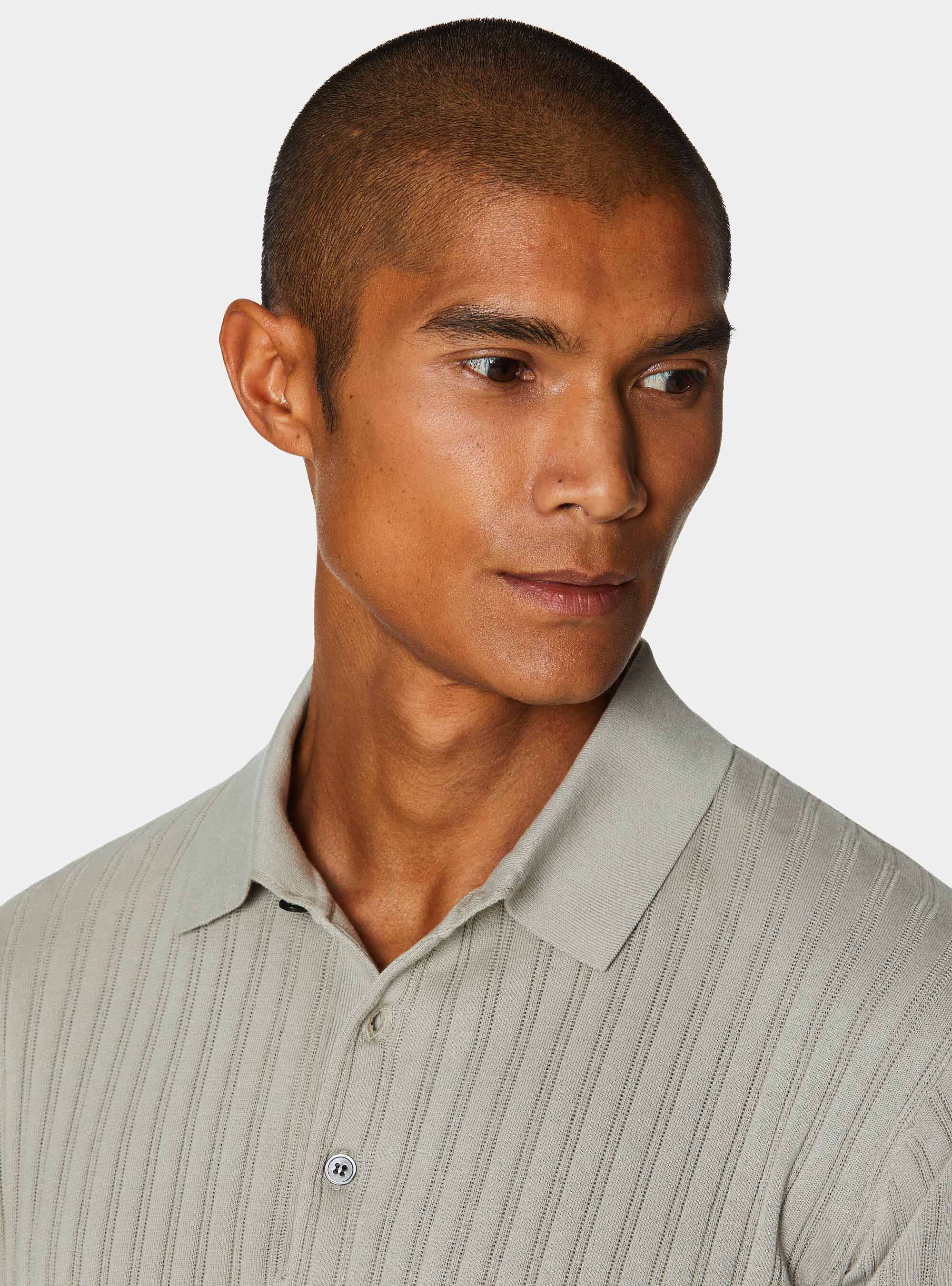 Extra-fine cotton knit polo shirt with openwork ribbing, SAND