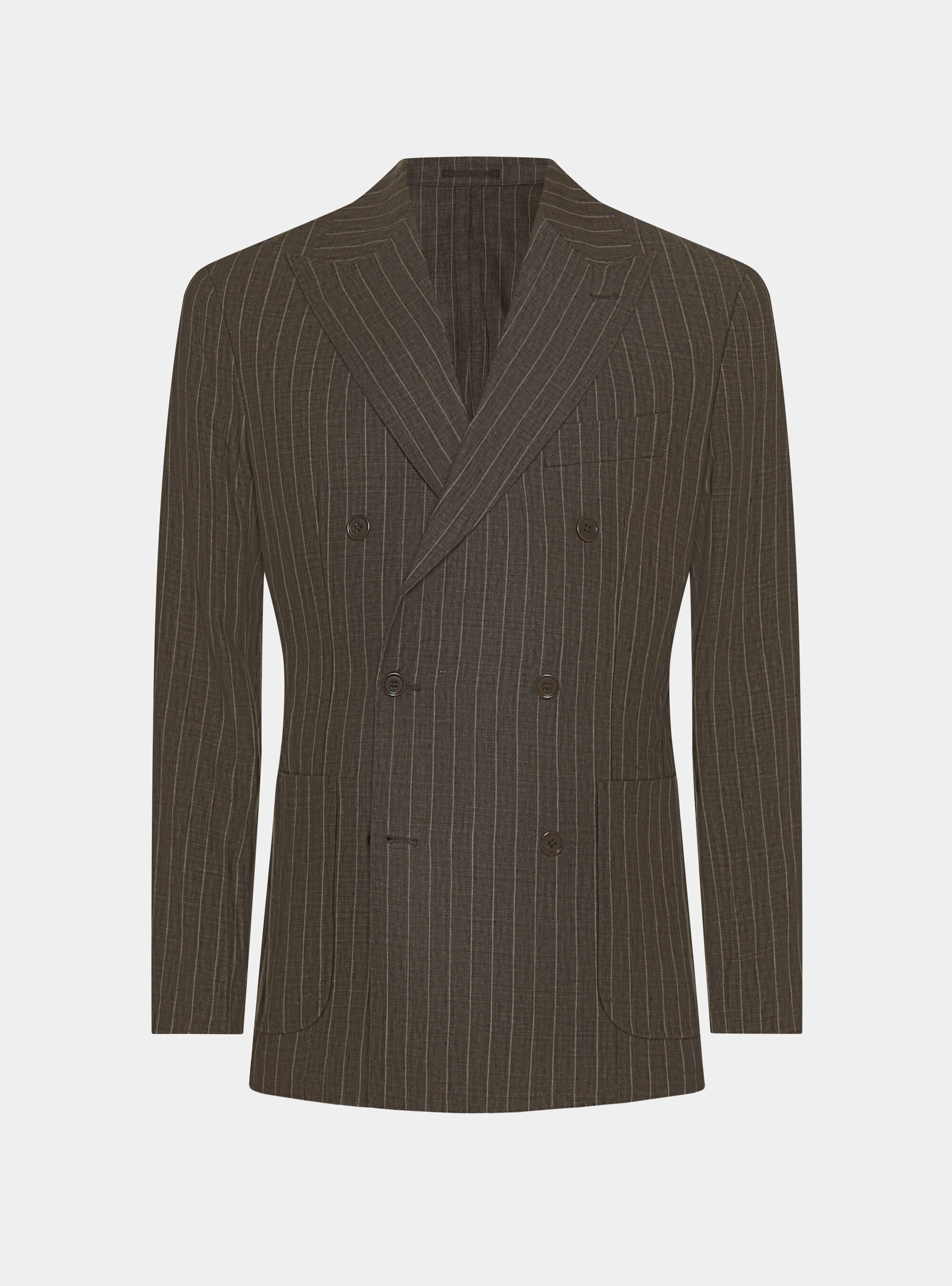 Americana de traje de raya diplom&aacute;tica con doble botonadura en lino delav&eacute;, MARRON