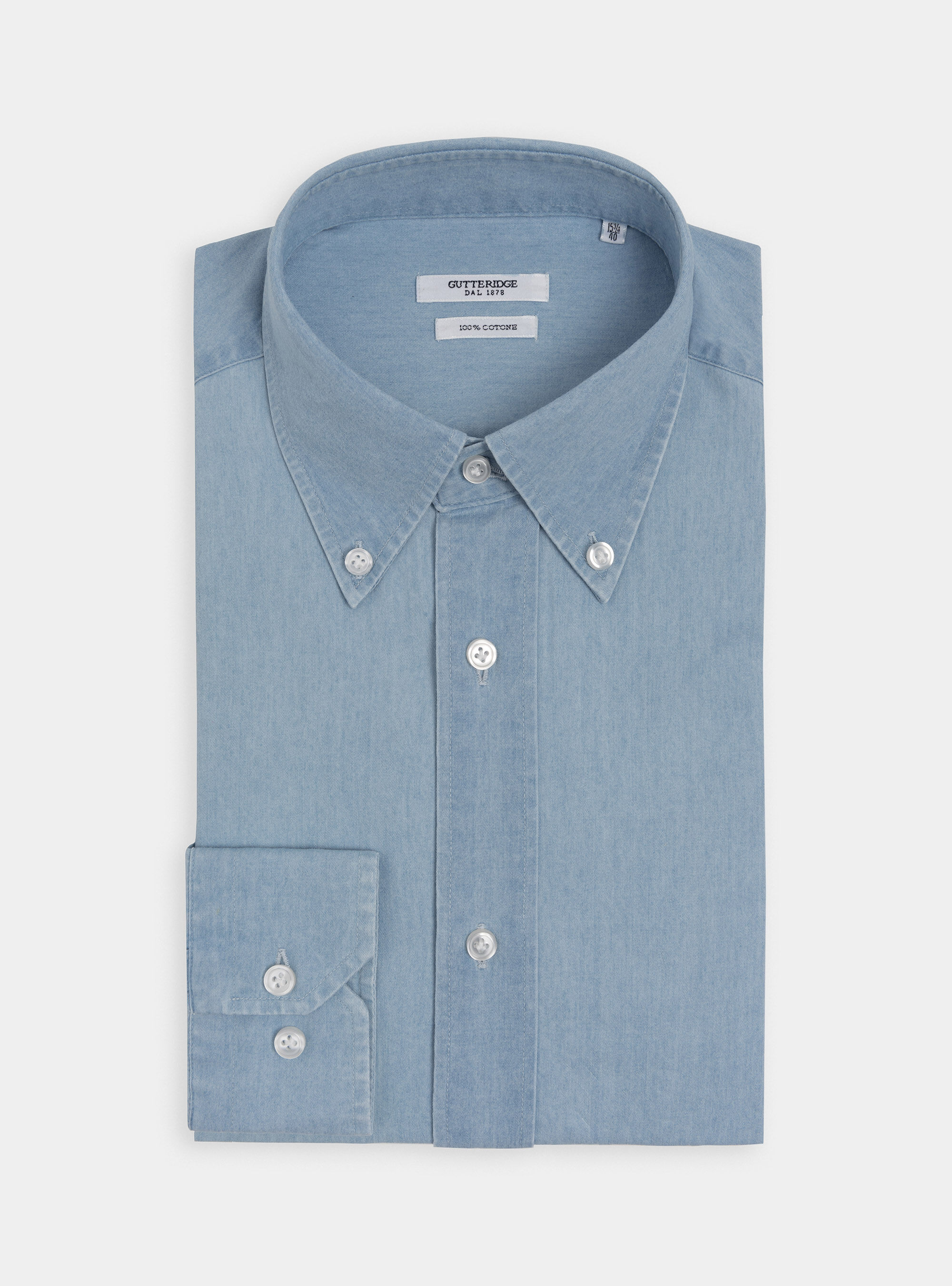 Camisa de chambray de algod&oacute;n con cuello abotonado, CELESTE