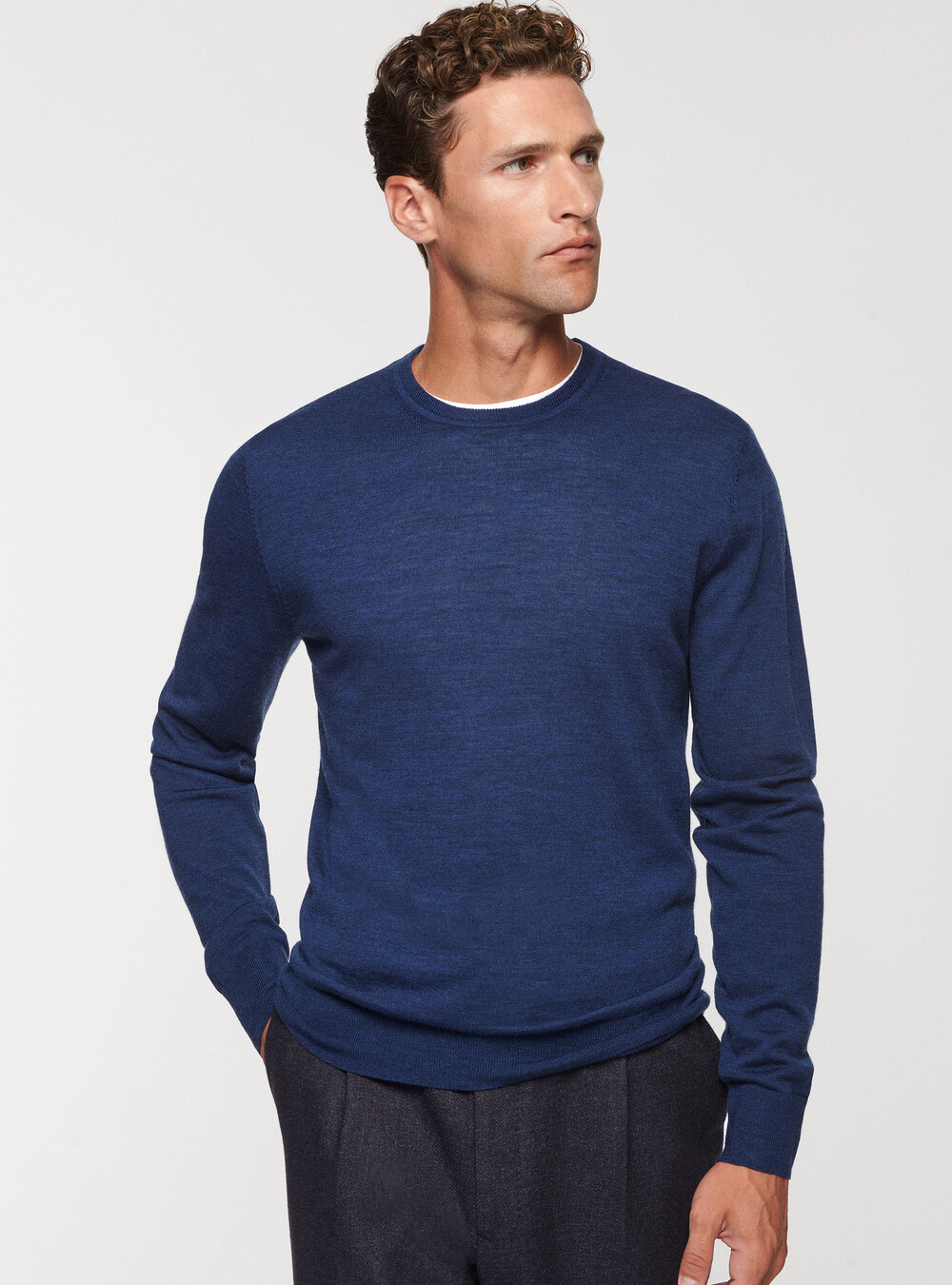Camiseta hombres manga larga pura lana Merino gris crudo azul