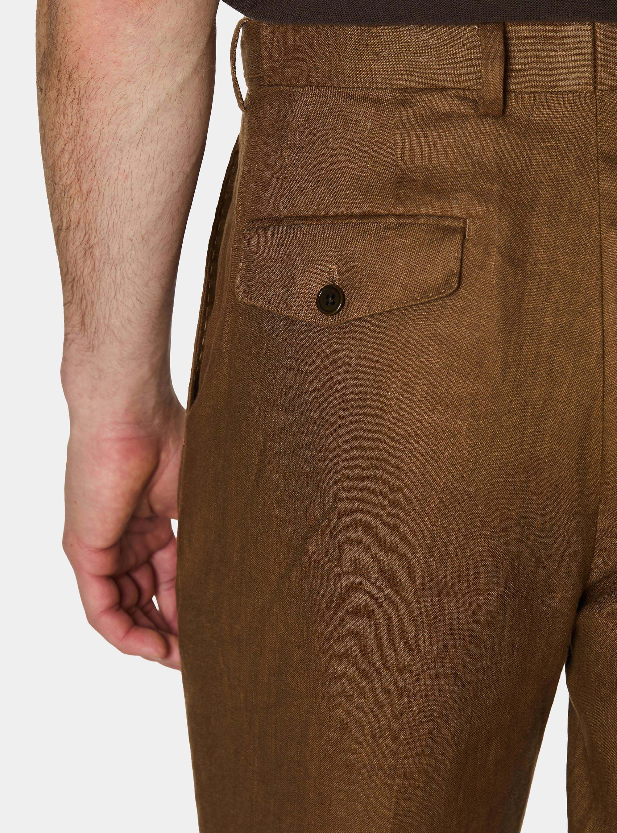 Pantaloni con pince in puro lino, TABACCO