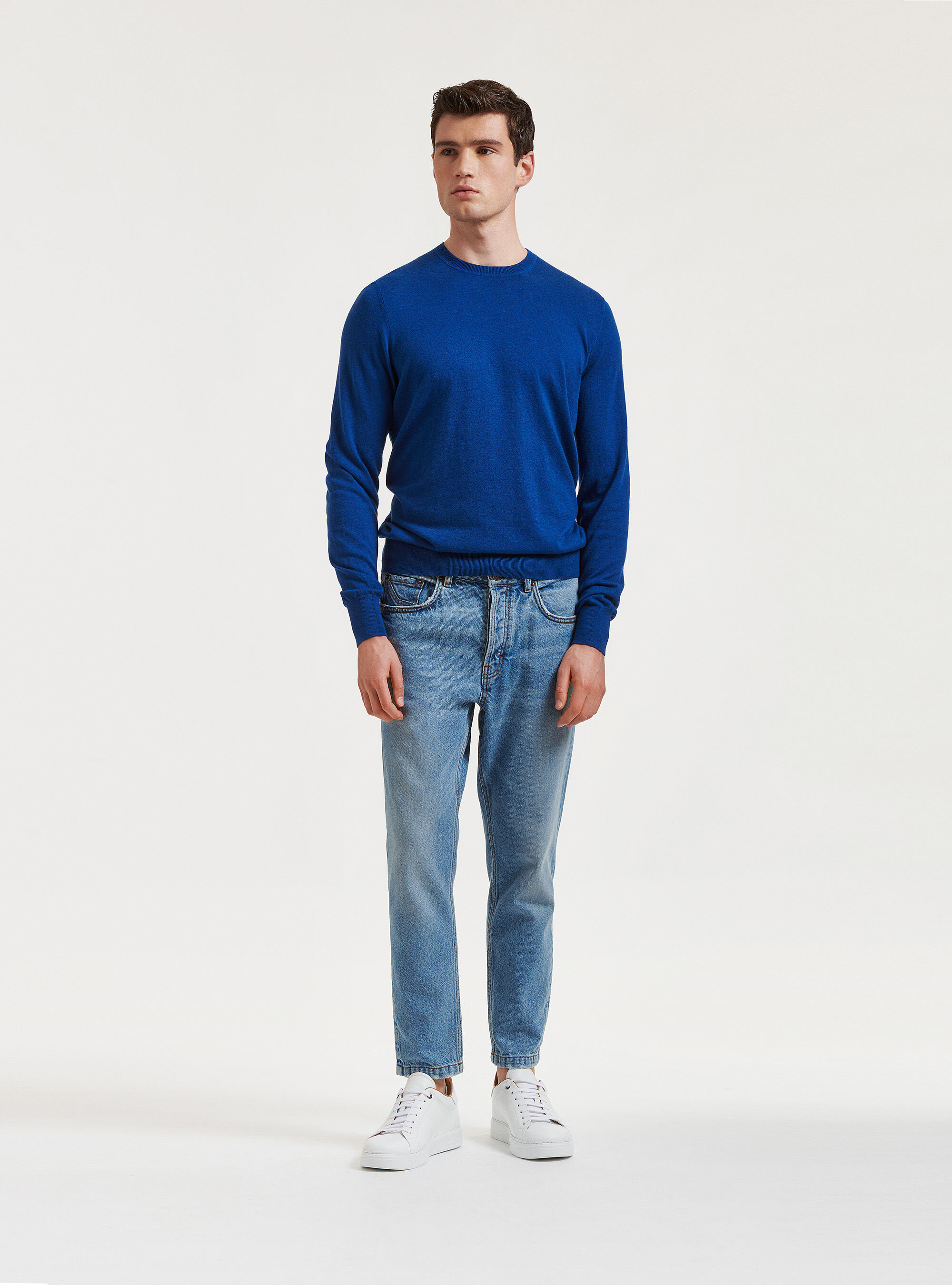 Maglia girocollo in cotone seta e cashmere, BLU ROYAL