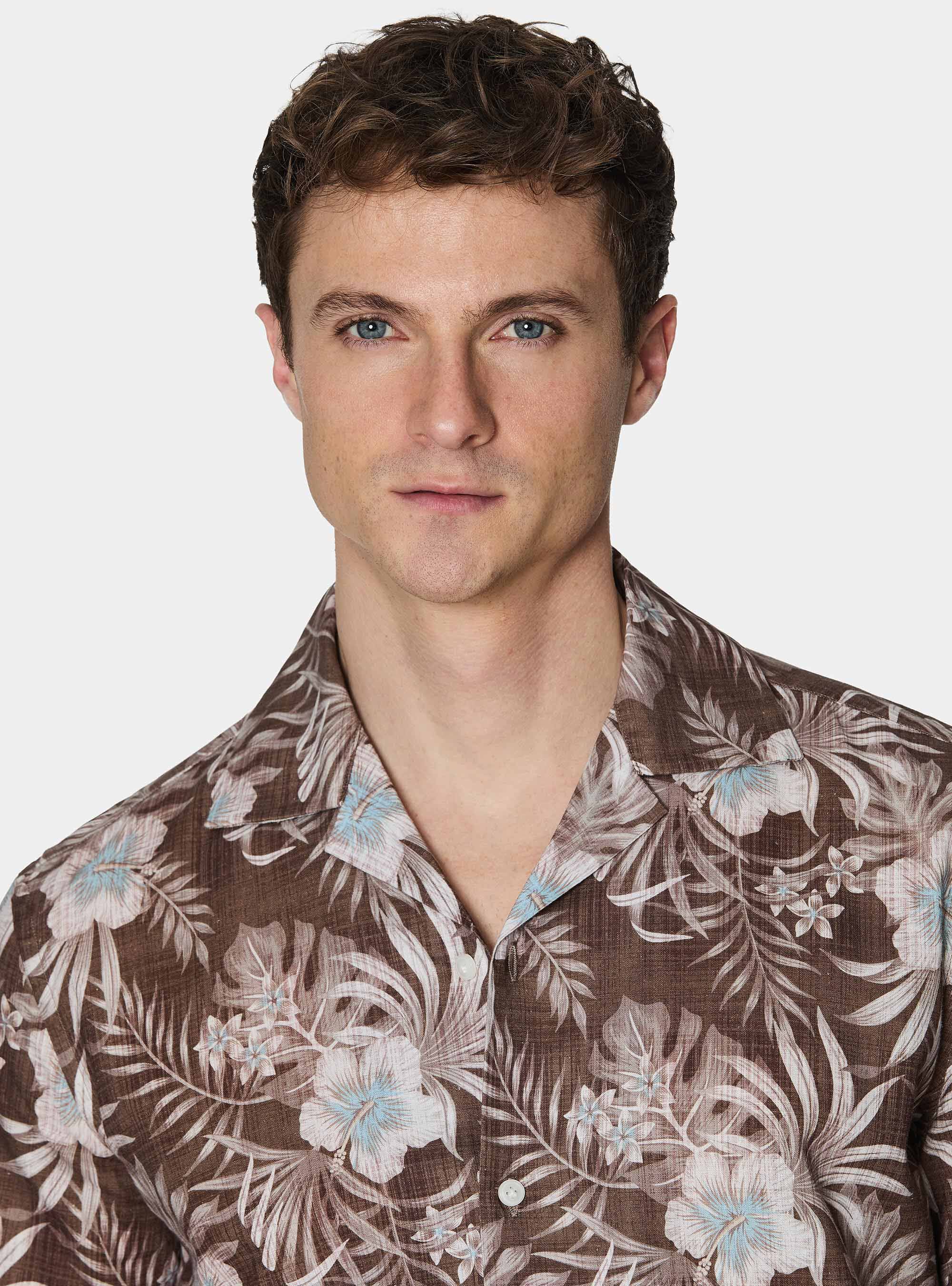 Printed linen and cotton bowling shirt, BROWN