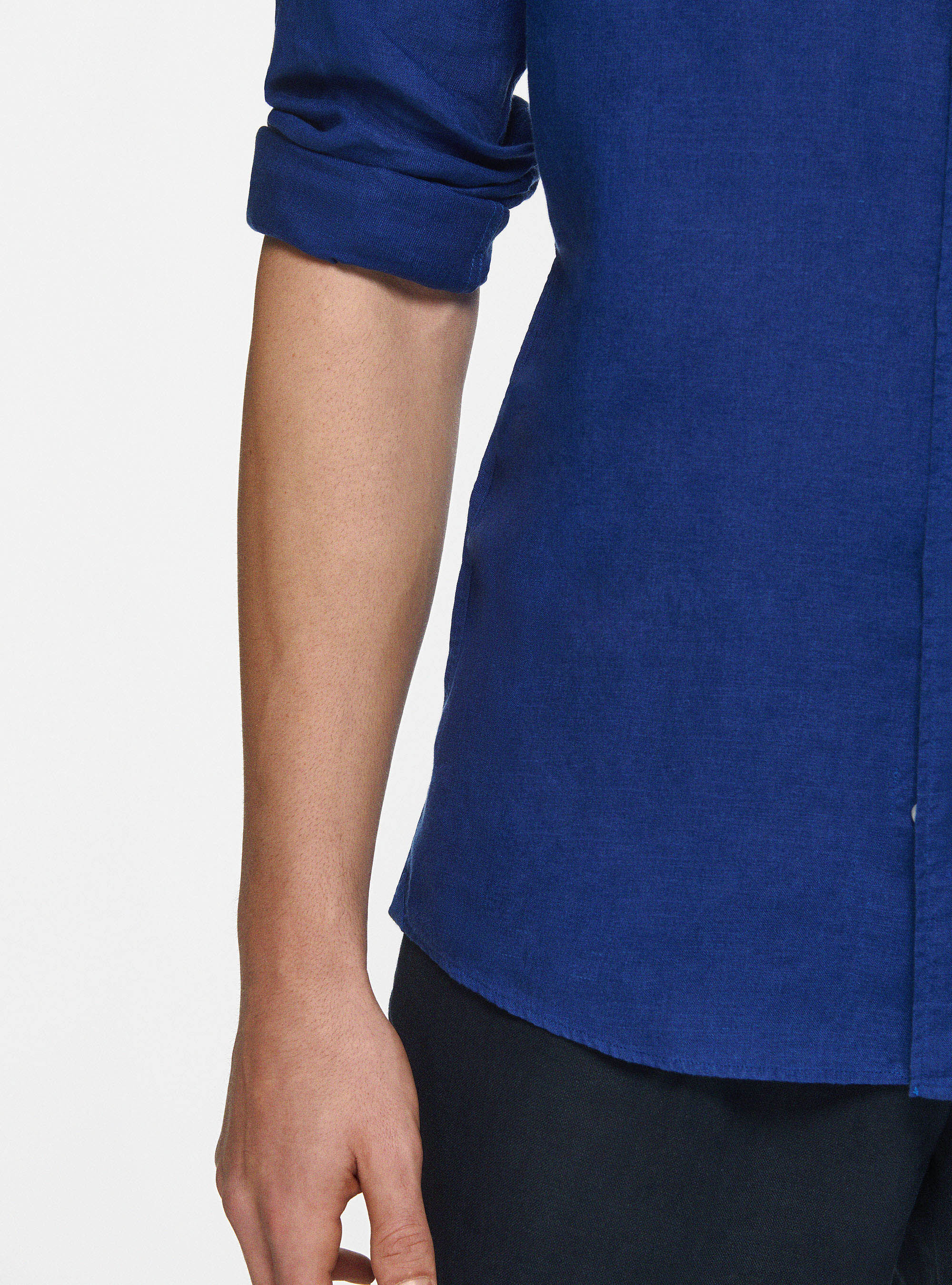 Camisa coreana en puro lino, AZUL MEDIO